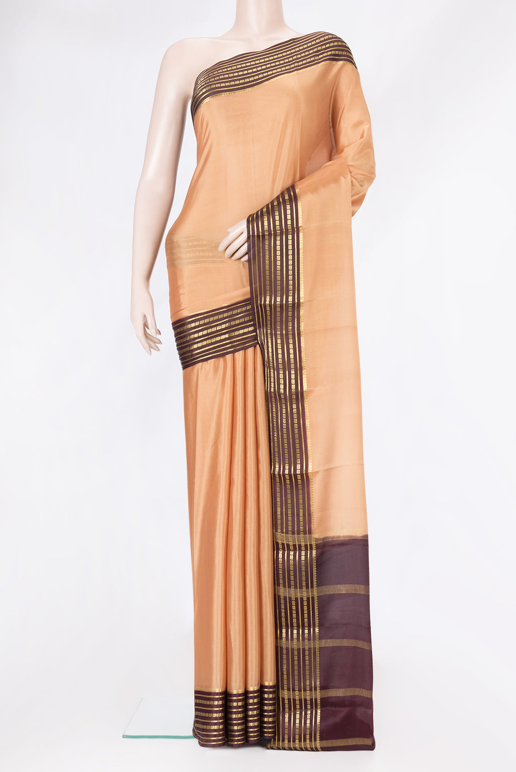 Sandal Dual Tone Mysore Silk Saree with Plain Body and Zari Border.  displayed on a mannequin
