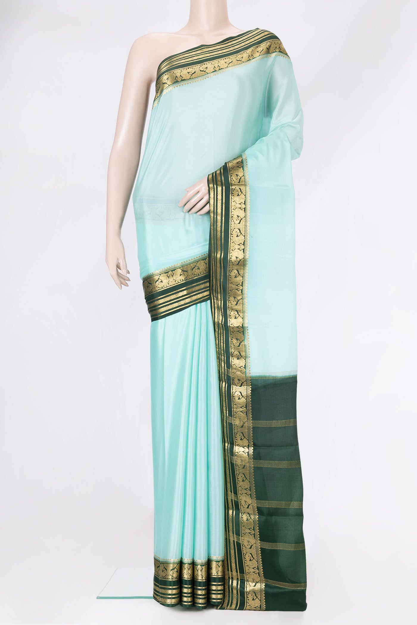 Light Blue Dual Tone Mysore Silk Saree with Plain Body and Zari Border.  displayed on a mannequin