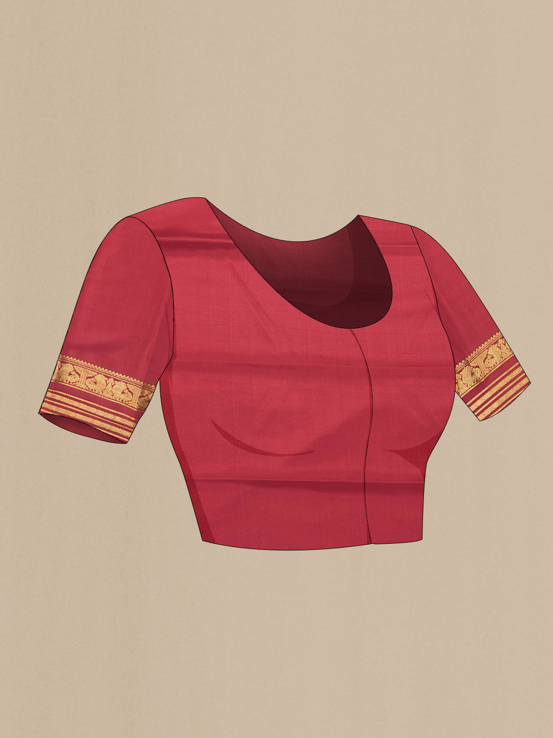 Close up image of the blouse of Sandal Mysore Crepe Saree with Plain Body and Zari Border. 