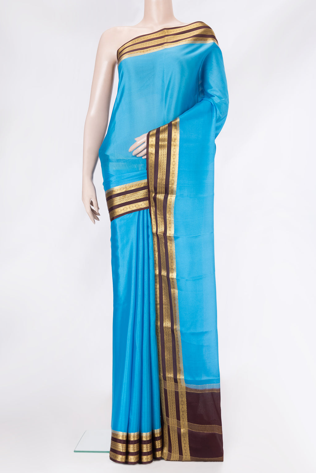 Sky Blue Dual Tone Mysore Silk Saree with Plain Body and Zari Border.  displayed on a mannequin