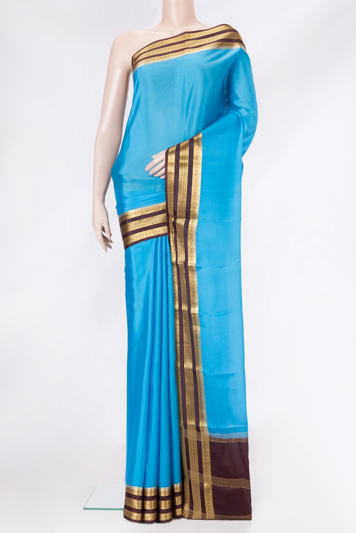 Sky Blue Dual Tone Mysore Silk Saree with Plain Body and Zari Border.  displayed on a mannequin