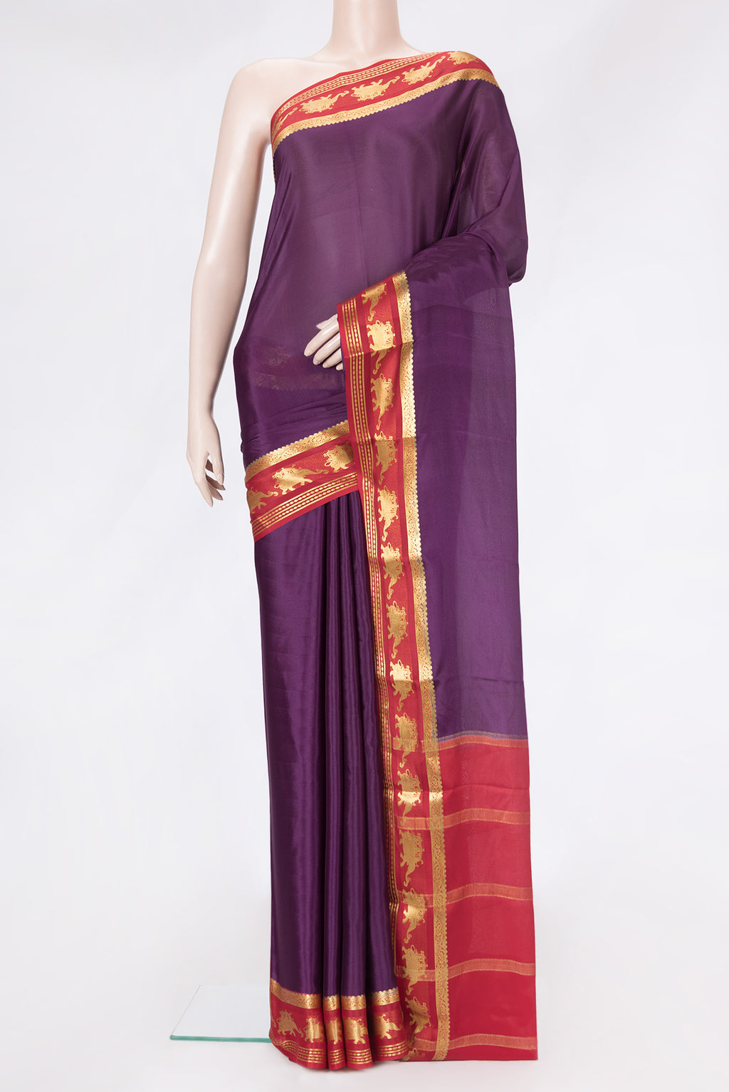 Purple Dual Tone Mysore Silk Saree with Plain Body and Zari Border.  displayed on a mannequin