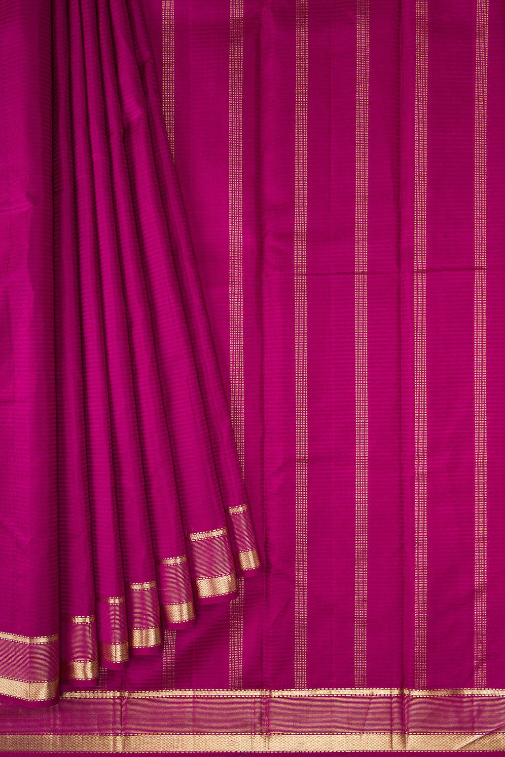 Pleats and pallu of Purple Dual Tone Kanjivaram Silk Saree with Stripes on the body and Zari Border. 