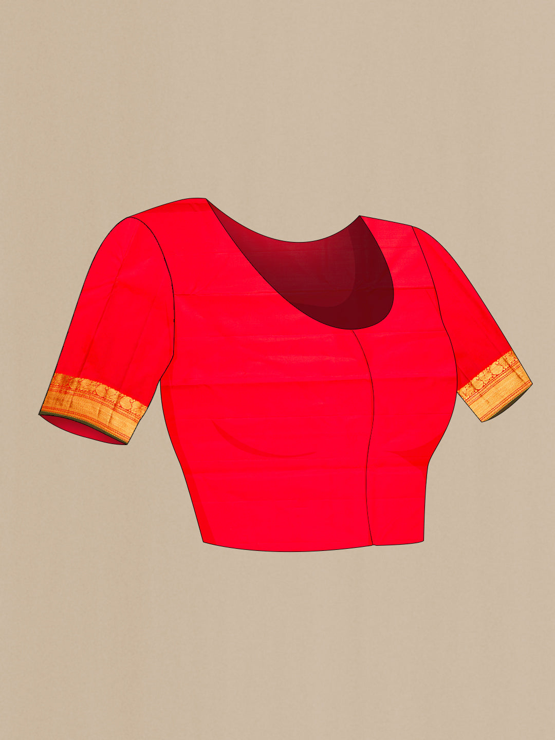 Close up image of the blouse of Maroon Dual Tone Kanchipuram Silk Saree with Plain Body and Zari Border. 