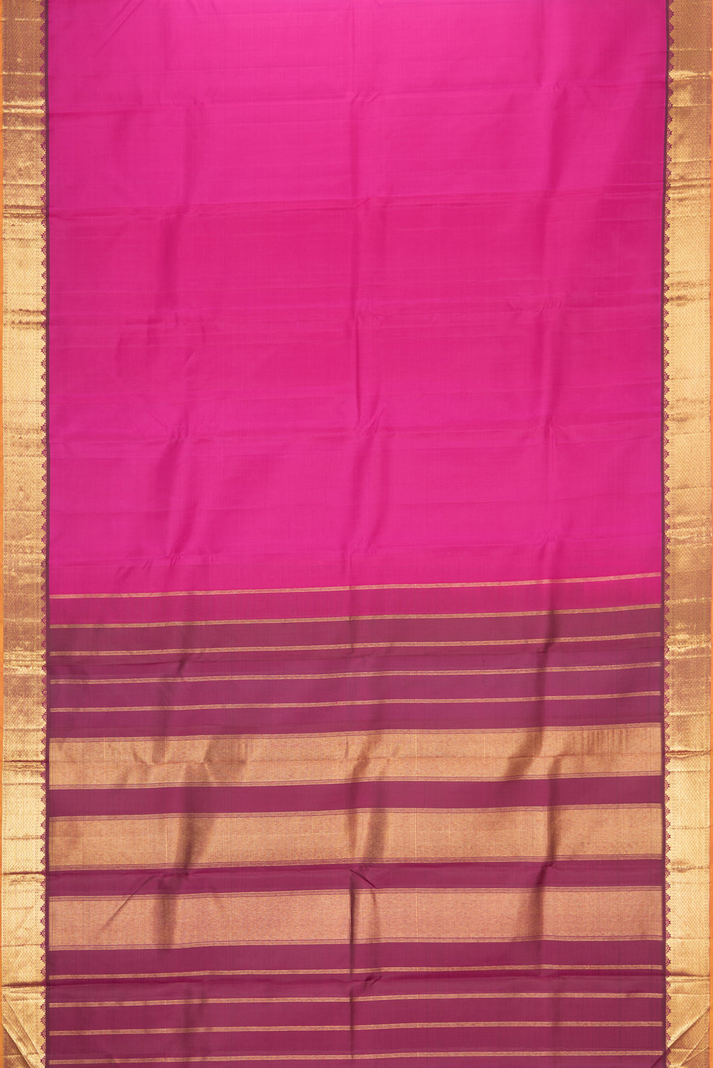 Flat view of Pink Dual Tone Kanchipuram Silk Saree with Plain Body and Zari Border. 