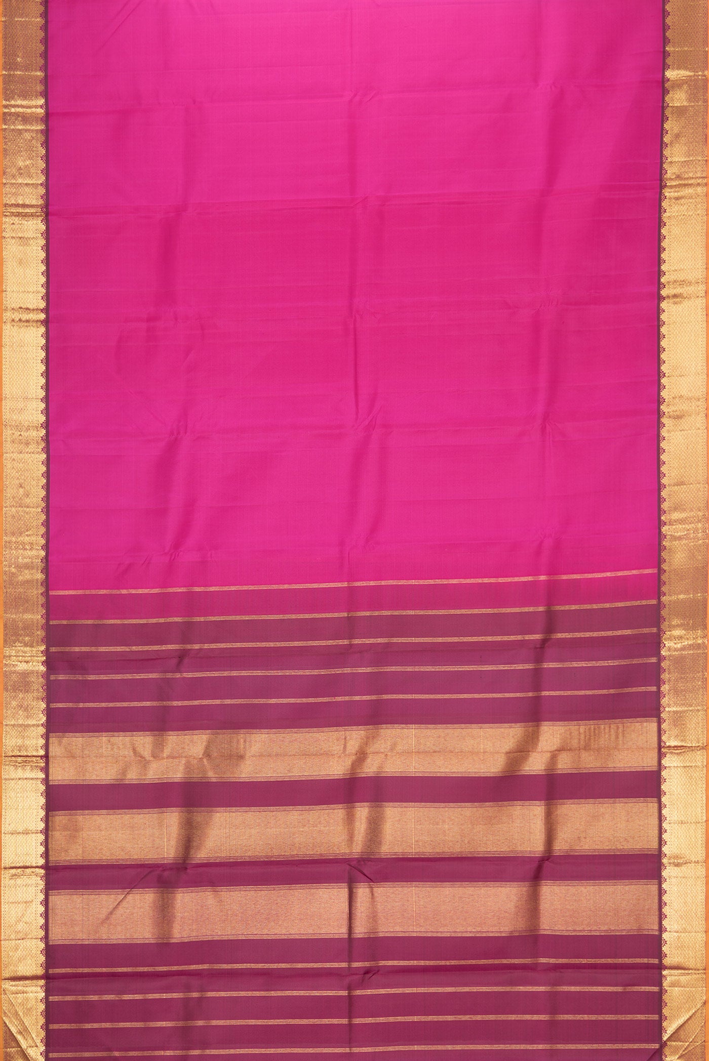 Flat view of Pink Dual Tone Kanchipuram Silk Saree with Plain Body and Zari Border. 
