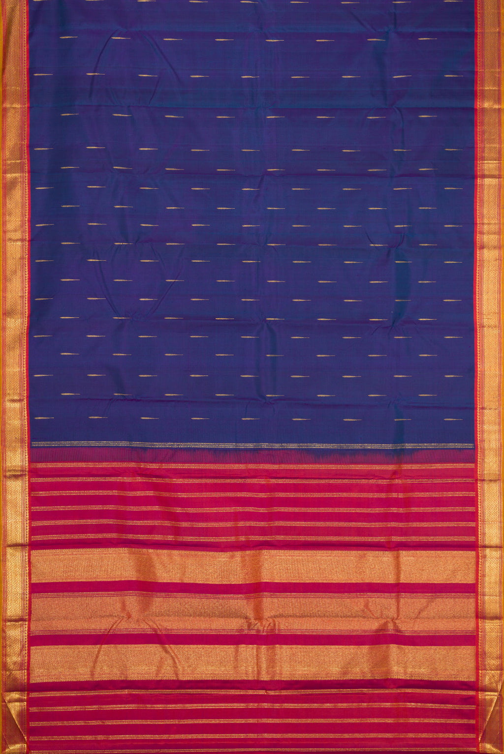Flat view of Peacock Blue Dual Tone Kanchipuram Silk Saree with Zari Butta on the body and Zari Border. 