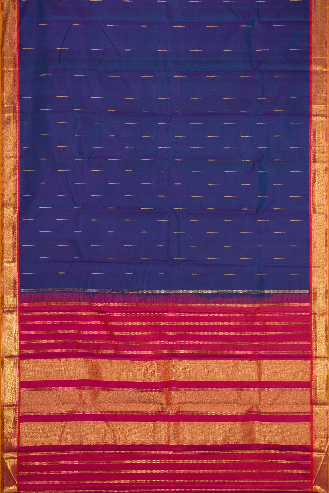 Flat view of Peacock Blue Dual Tone Kanchipuram Silk Saree with Zari Butta on the body and Zari Border. 