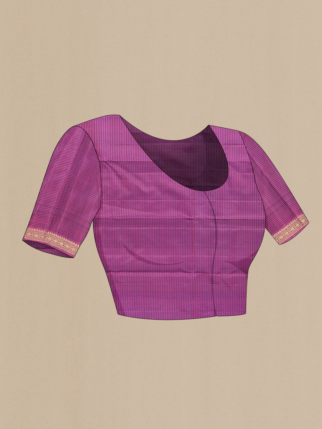 Close up image of the blouse of Peacock Blue, Mehandi Green and Lavender Color Kanchipuram Silk Saree with Stripes on the body and Zari Border. 