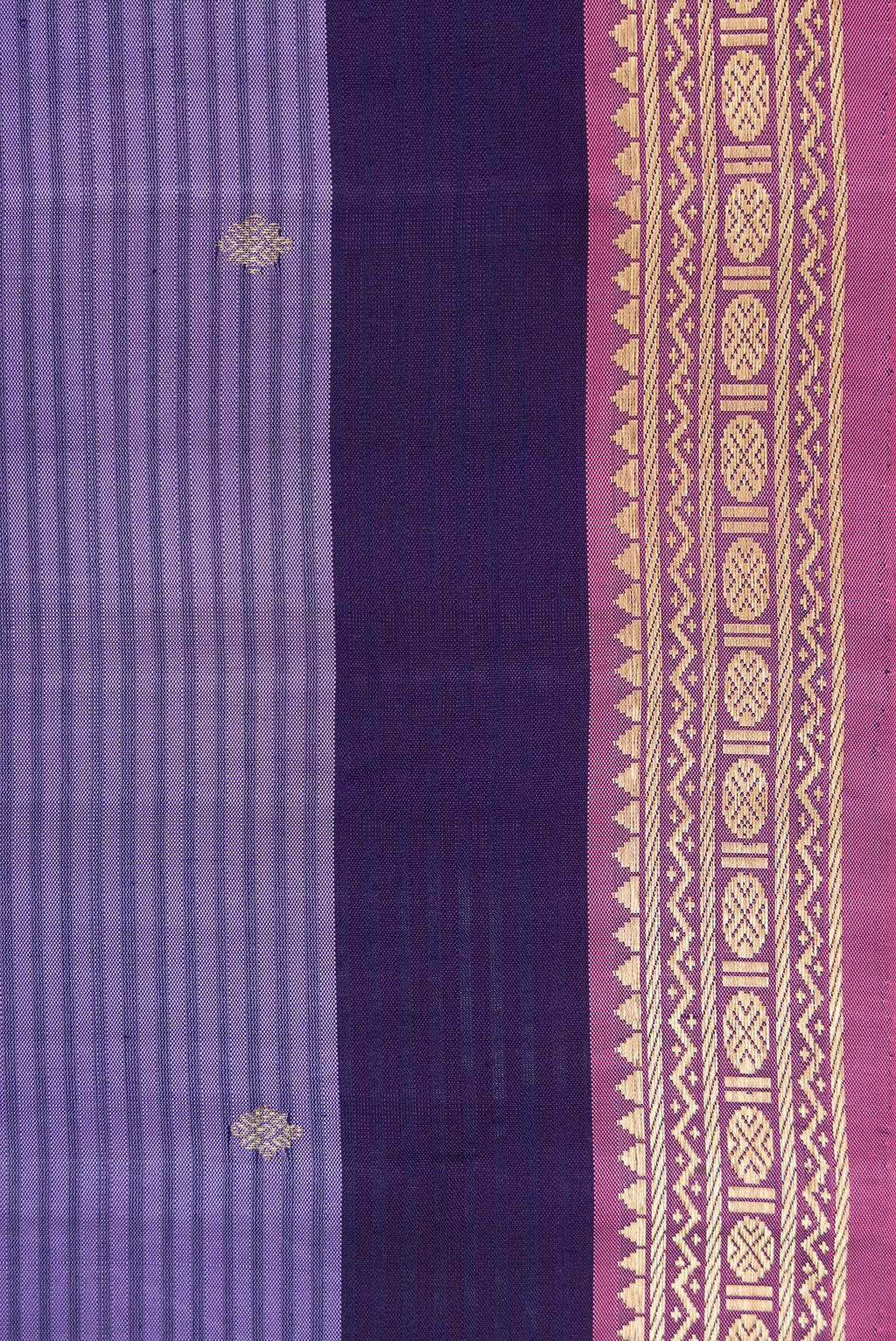 Border image of Peacock Blue, Mehandi Green and Lavender Color Kanchipuram Silk Saree with Stripes on the body and Zari Border. 
