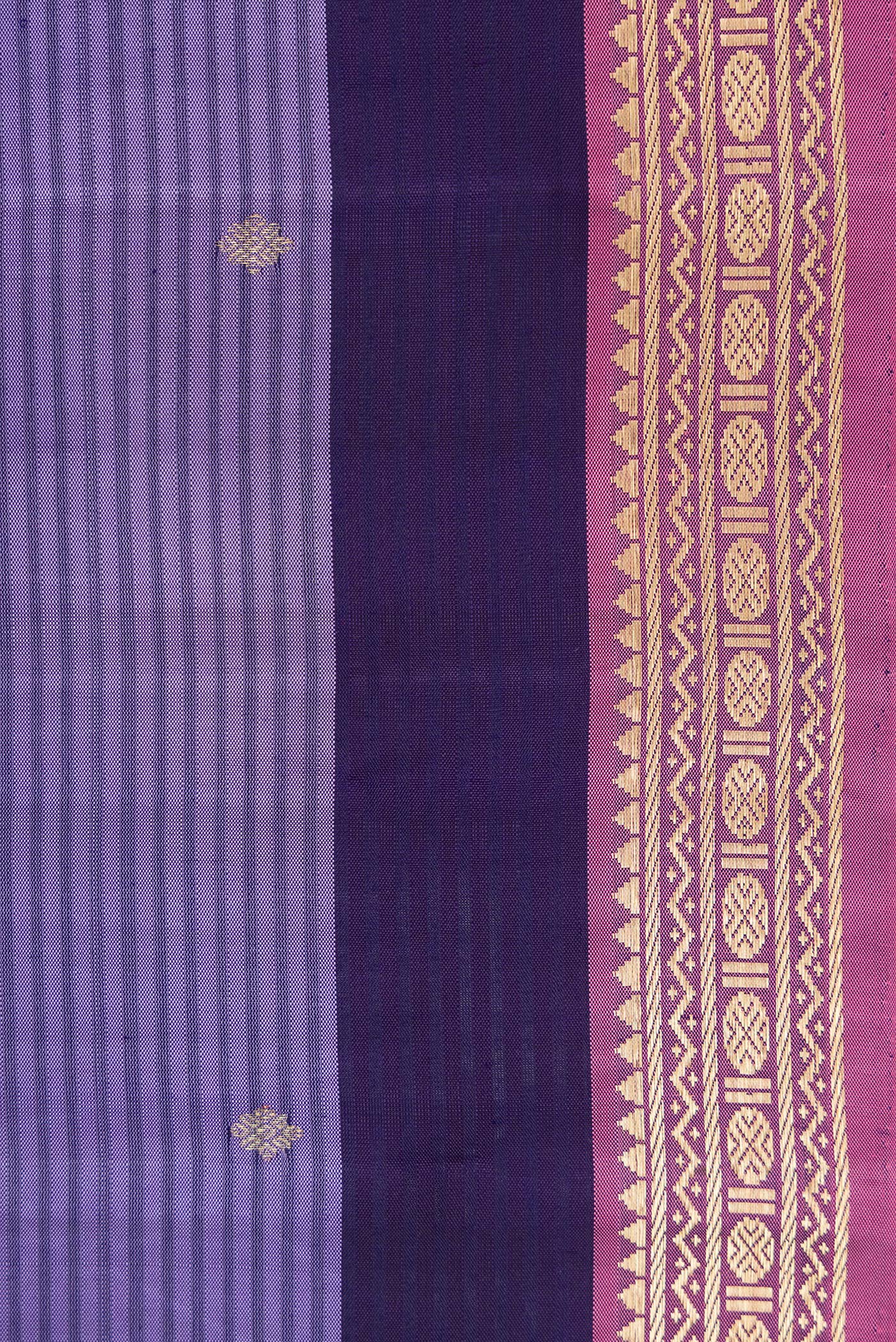 Border image of Peacock Blue, Mehandi Green and Lavender Color Kanchipuram Silk Saree with Stripes on the body and Zari Border. 