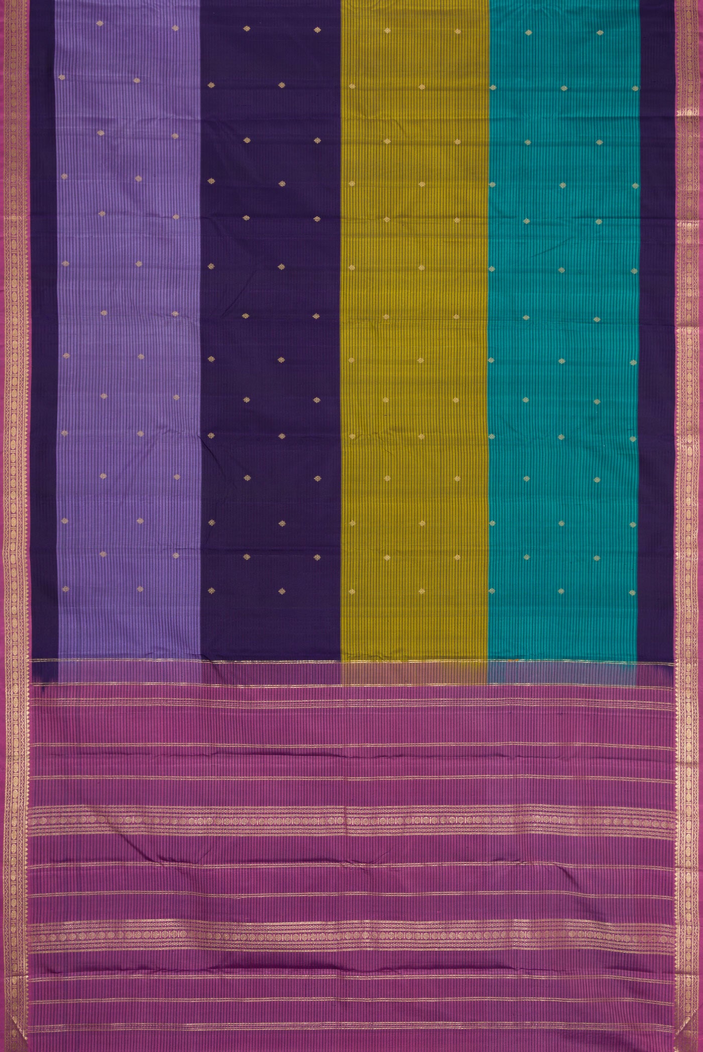 Flat view of Peacock Blue, Mehandi Green and Lavender Color Kanchipuram Silk Saree with Stripes on the body and Zari Border. 