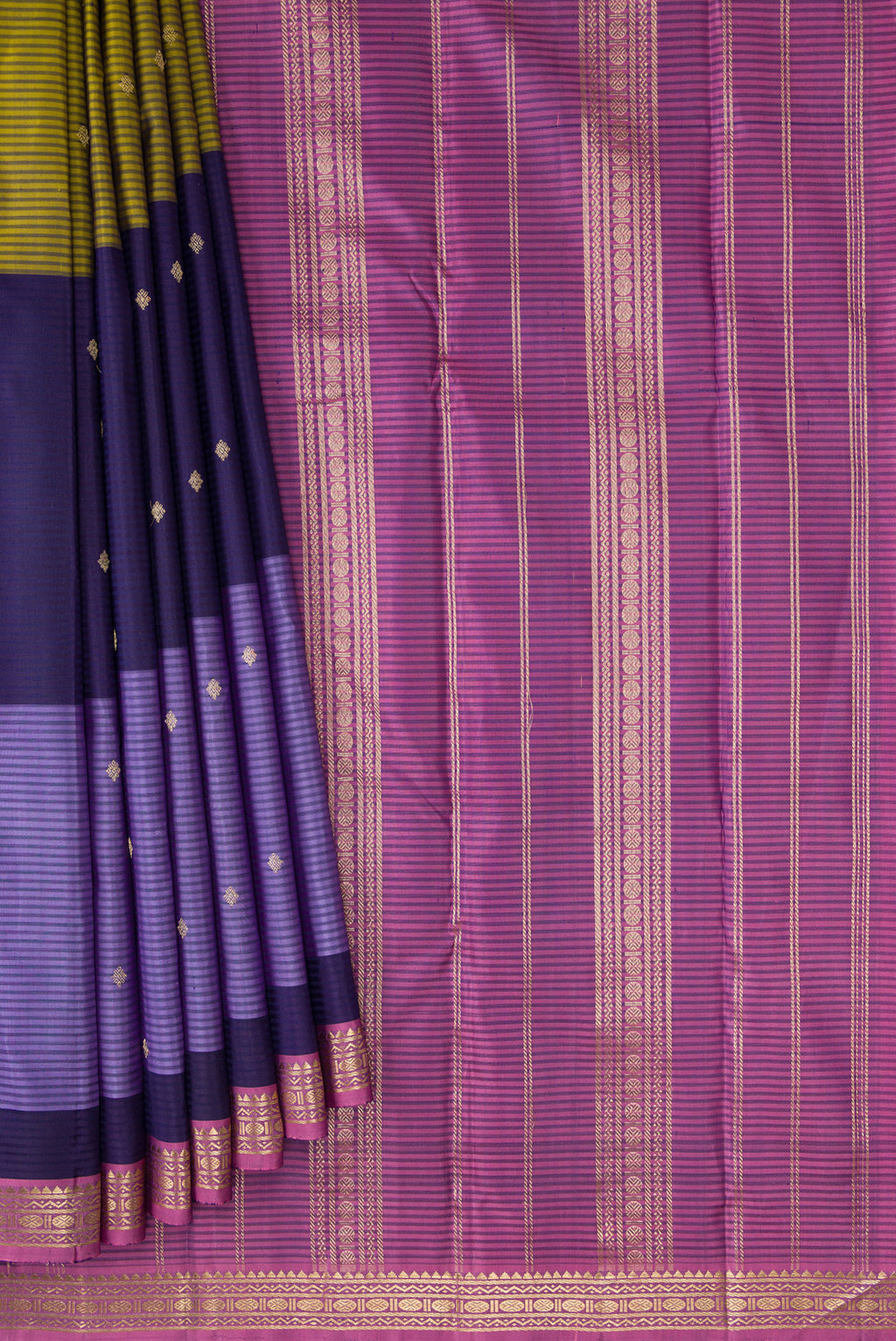 Pleats and pallu of Peacock Blue, Mehandi Green and Lavender Color Kanchipuram Silk Saree with Stripes on the body and Zari Border. 