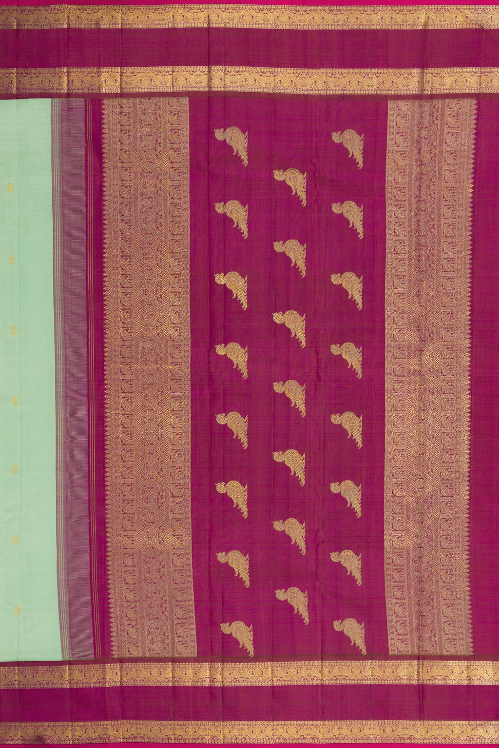 Close up image of the pallu of Pure Silk Pure Zari Light Green Dual Tone Kanjivaram Saree with Zari Butta on the body and Zari Border. 