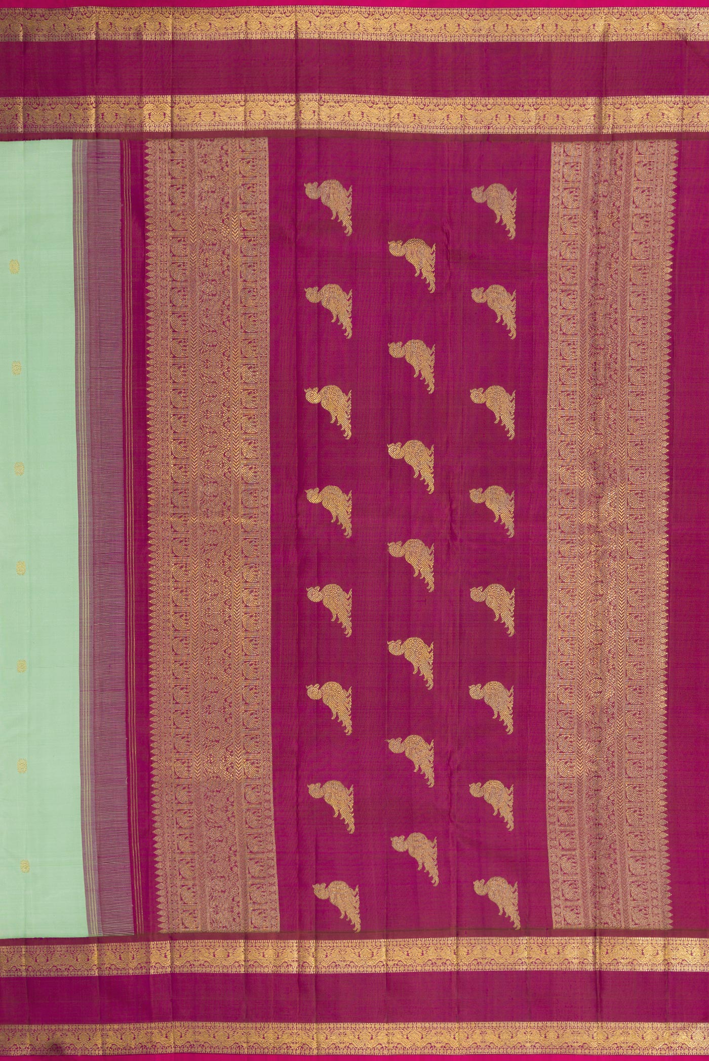Close up image of the pallu of Pure Silk Pure Zari Light Green Dual Tone Kanjivaram Saree with Zari Butta on the body and Zari Border. 