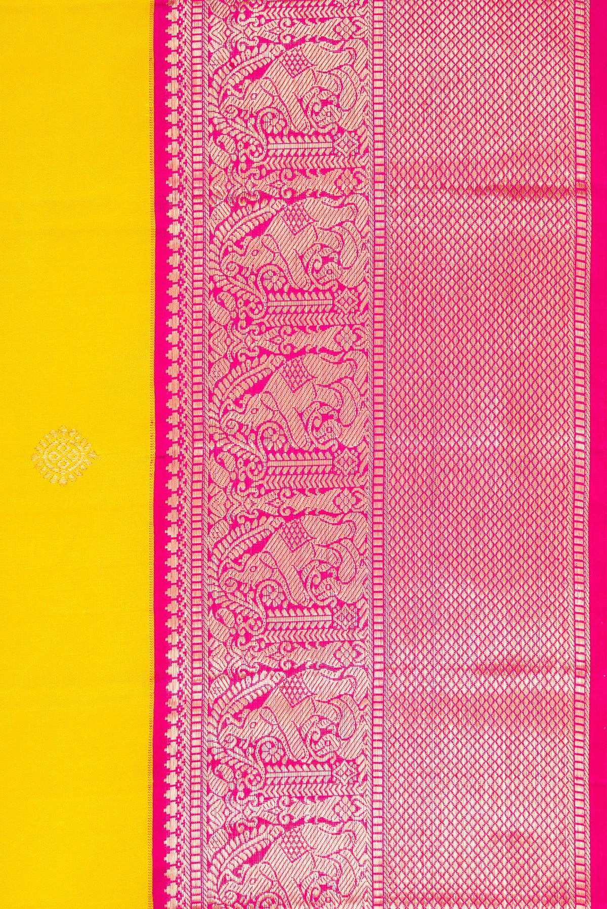 Border image of Yellow Dual Tone Kanjivaram Silk Saree with Zari Butta on the body and Zari Border. 