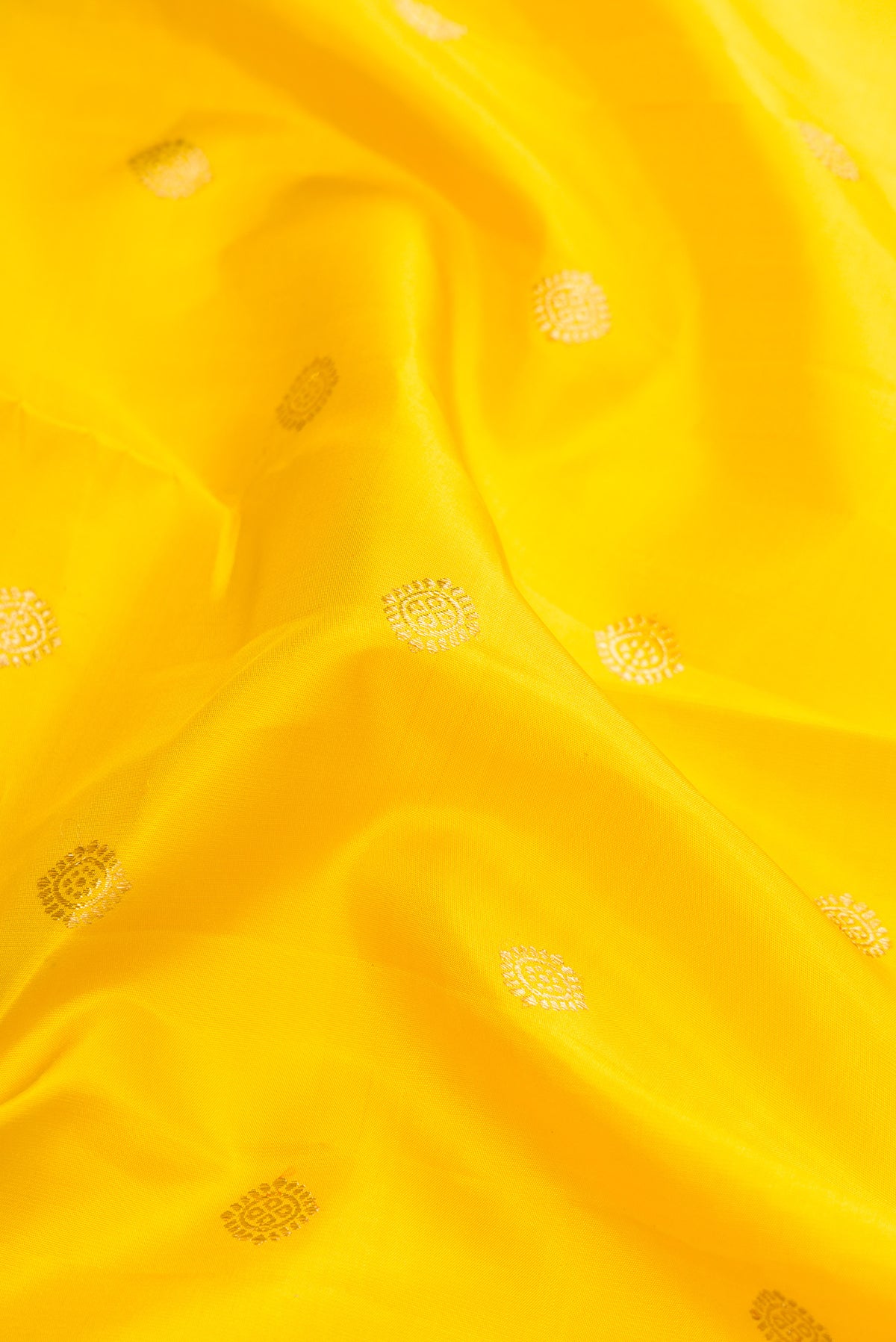 Close up of Yellow Dual Tone Kanjivaram Silk Saree with Zari Butta on the body and Zari Border.  displaying folds