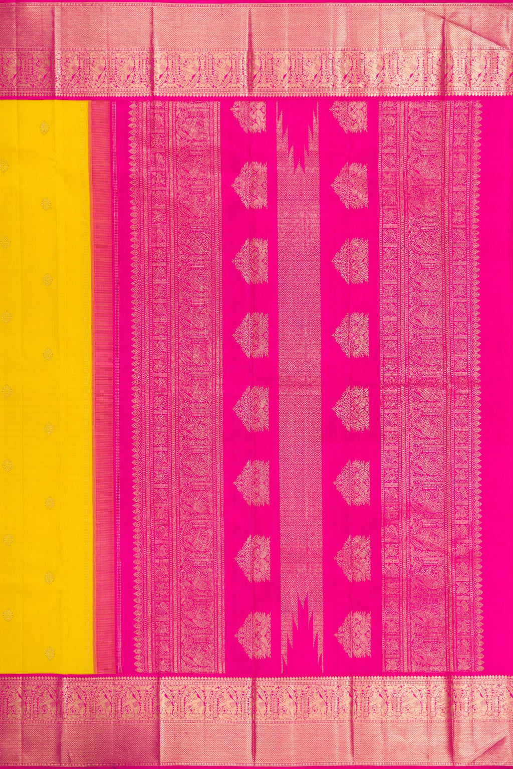Close up image of the pallu of Yellow Dual Tone Kanjivaram Silk Saree with Zari Butta on the body and Zari Border. 