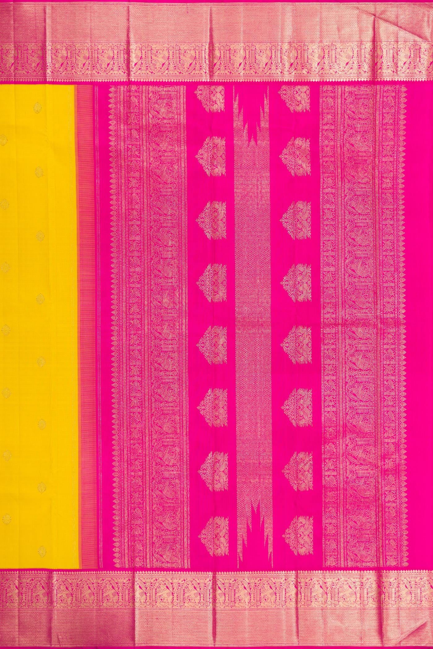 Close up image of the pallu of Yellow Dual Tone Kanjivaram Silk Saree with Zari Butta on the body and Zari Border. 