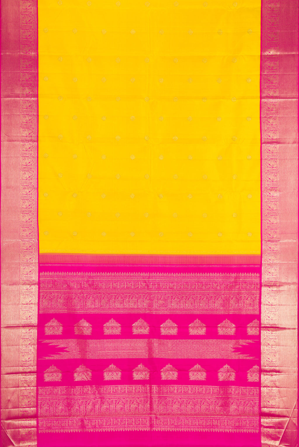 Flat view of Yellow Dual Tone Kanjivaram Silk Saree with Zari Butta on the body and Zari Border. 