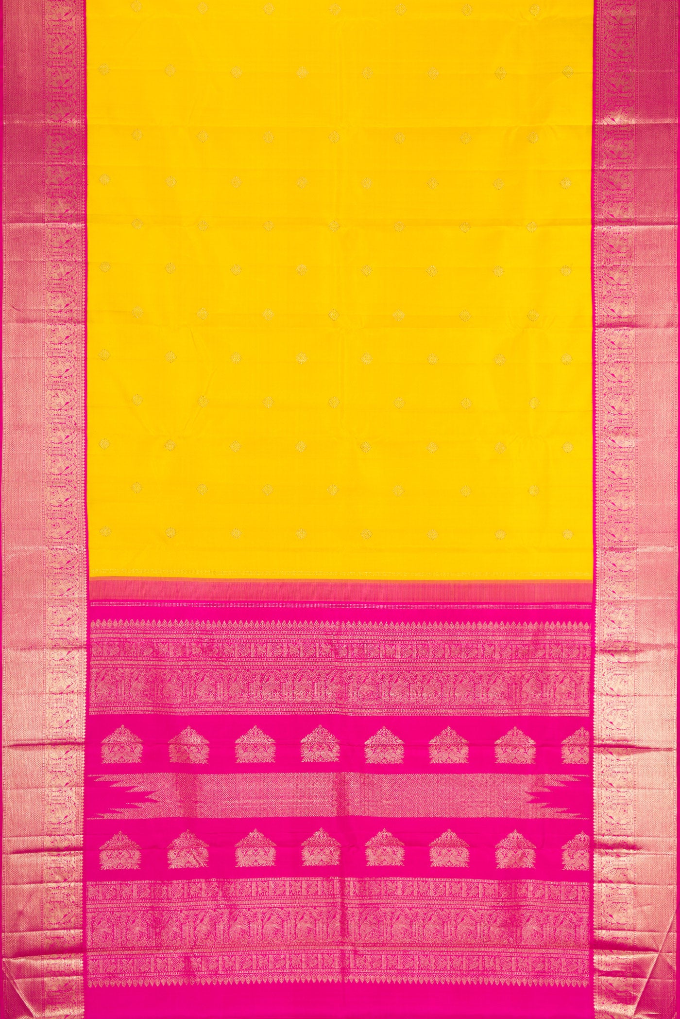 Flat view of Yellow Dual Tone Kanjivaram Silk Saree with Zari Butta on the body and Zari Border. 