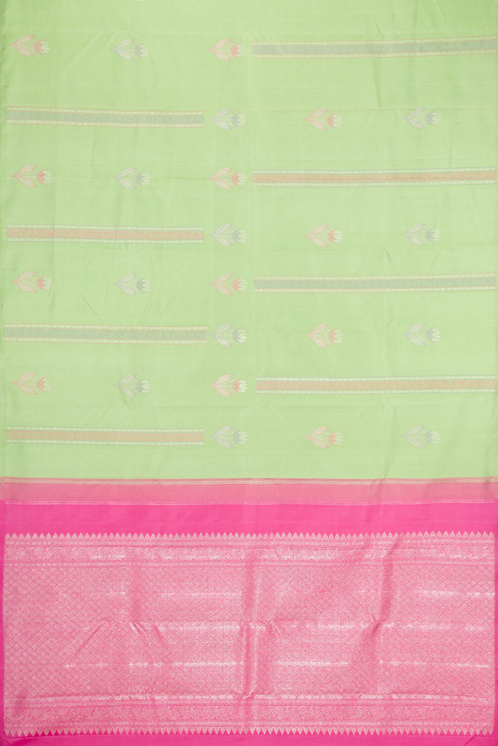 Flat view of Pista Green Dual Tone Kanjivaram Silk Saree with Zari And Thread Butta on the body and Without Border. 