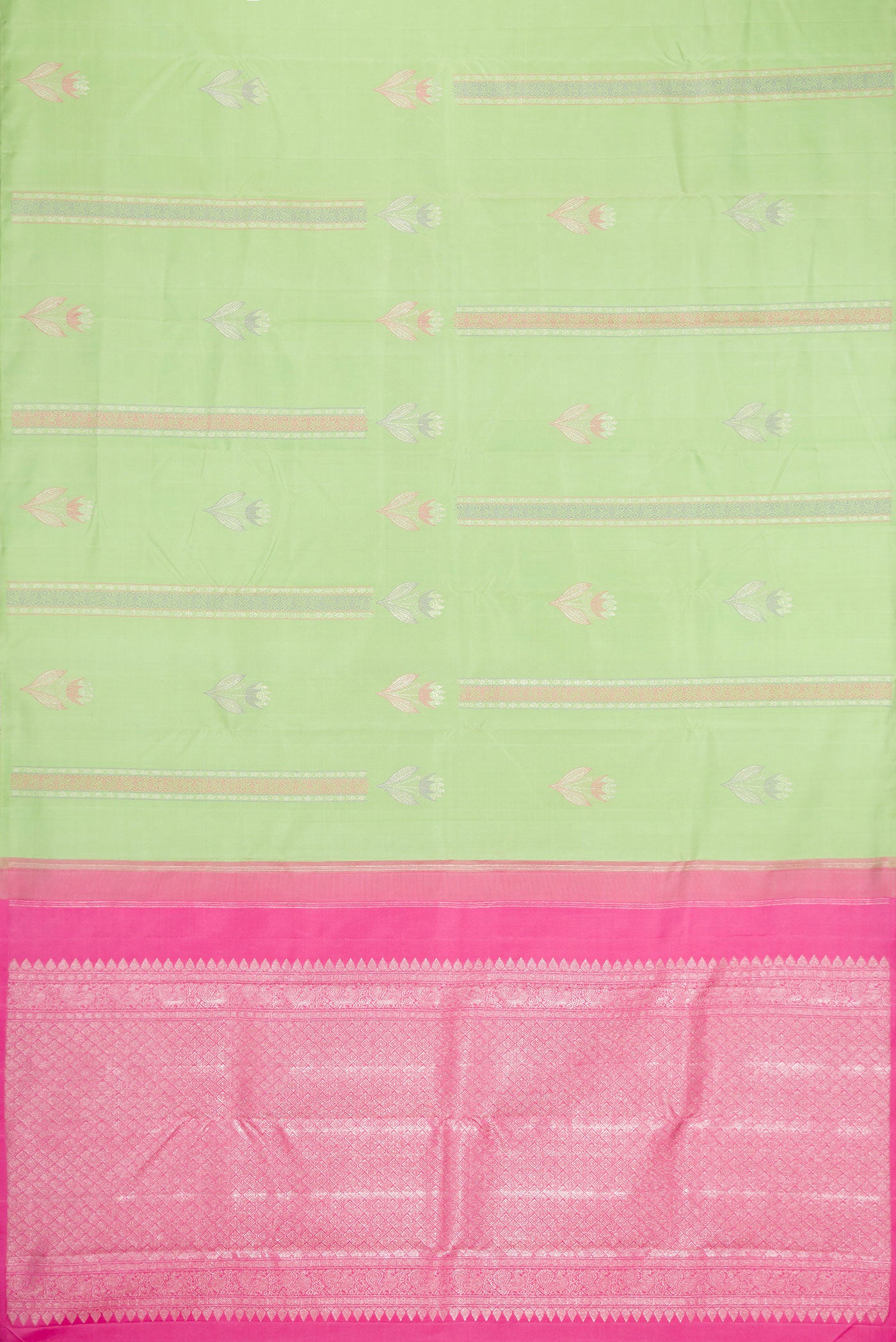 Flat view of Pista Green Dual Tone Kanjivaram Silk Saree with Zari And Thread Butta on the body and Without Border. 