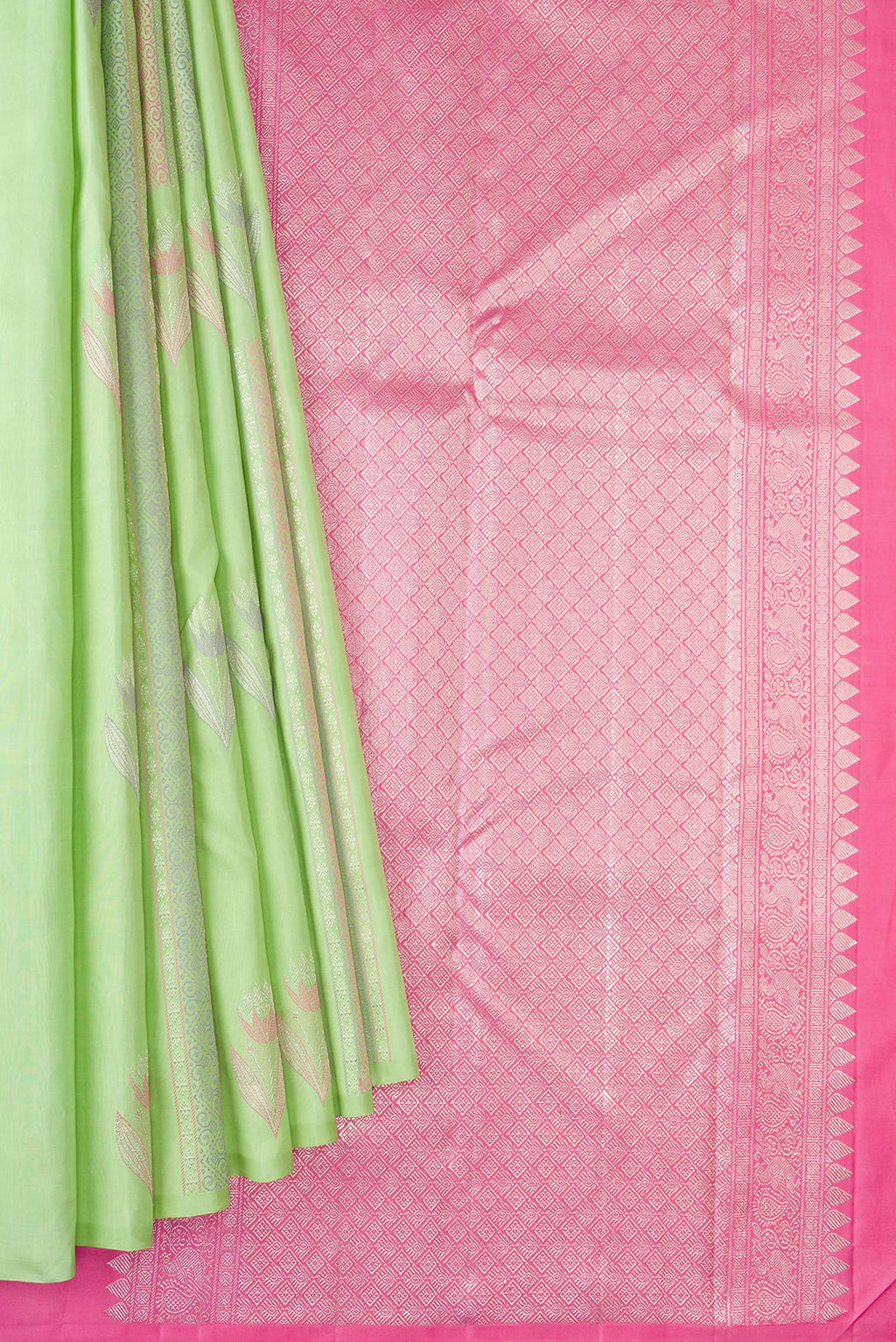 Pleats and pallu of Pista Green Dual Tone Kanjivaram Silk Saree with Zari And Thread Butta on the body and Without Border. 
