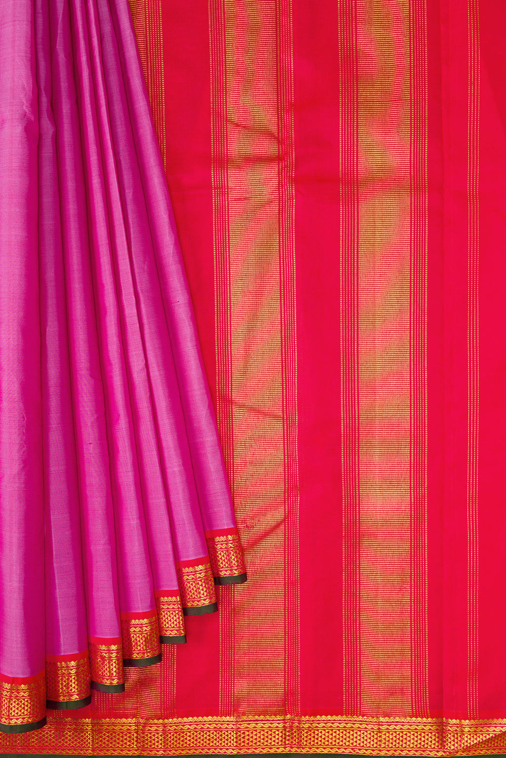 Pleats and pallu of Pink Dual Tone Kanjivaram Silk Saree with Plain Body and Zari Border. 
