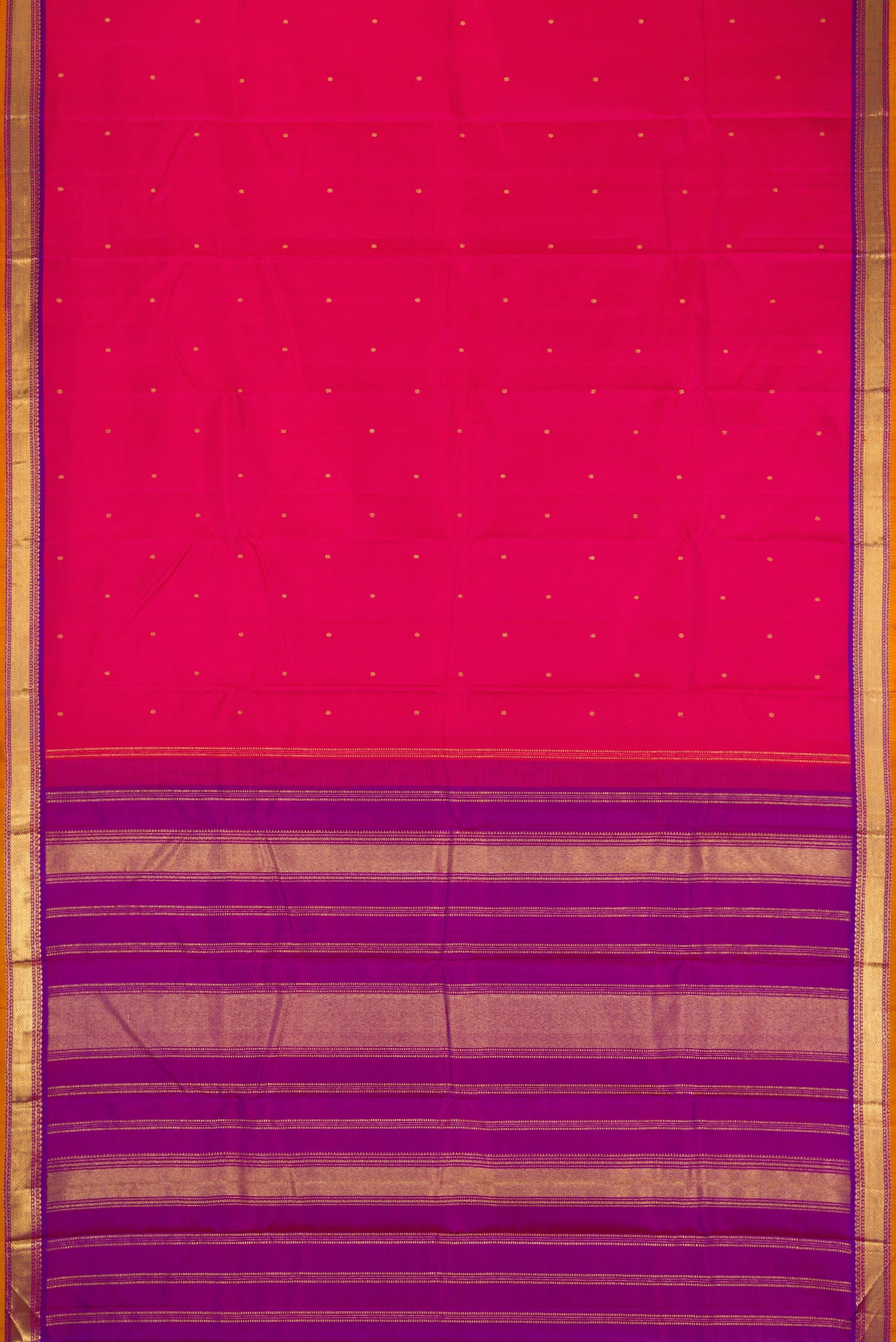 Flat view of Dark Pink Dual Tone Kanchipuram Silk Saree with Zari Butta on the body and Zari Border. 