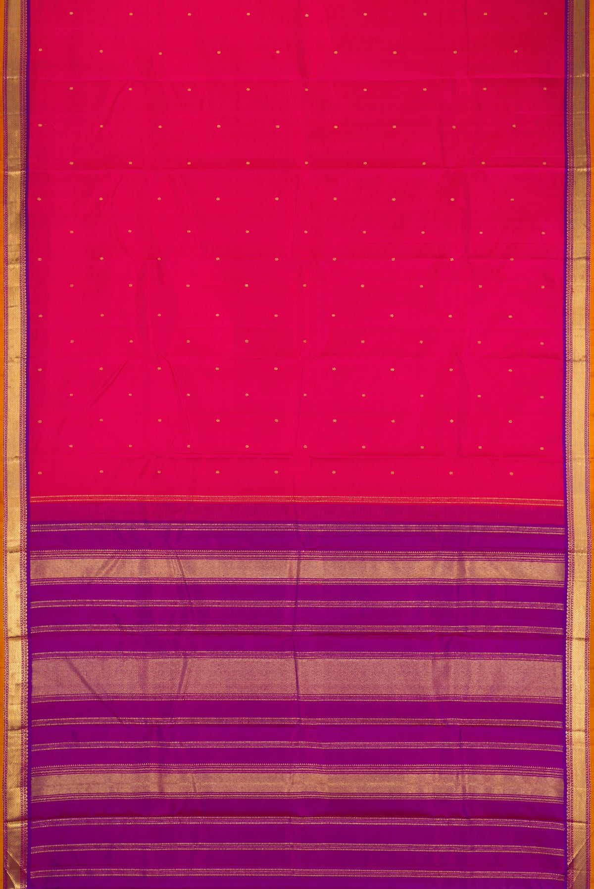 Flat view of Dark Pink Dual Tone Kanchipuram Silk Saree with Zari Butta on the body and Zari Border. 