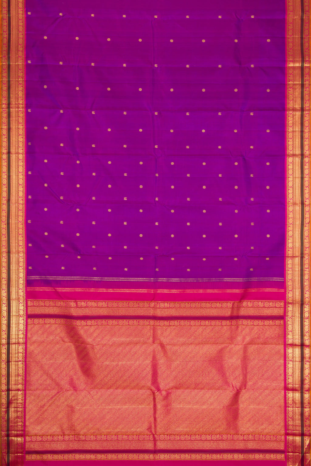 Flat view of Purple Dual Tone Kanjivaram Silk Saree with Zari Butta on the body and Zari Border. 