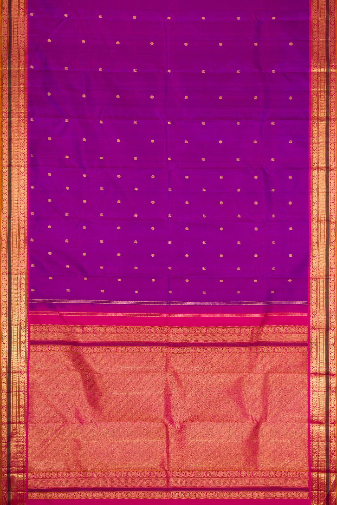 Flat view of Purple Dual Tone Kanjivaram Silk Saree with Zari Butta on the body and Zari Border. 