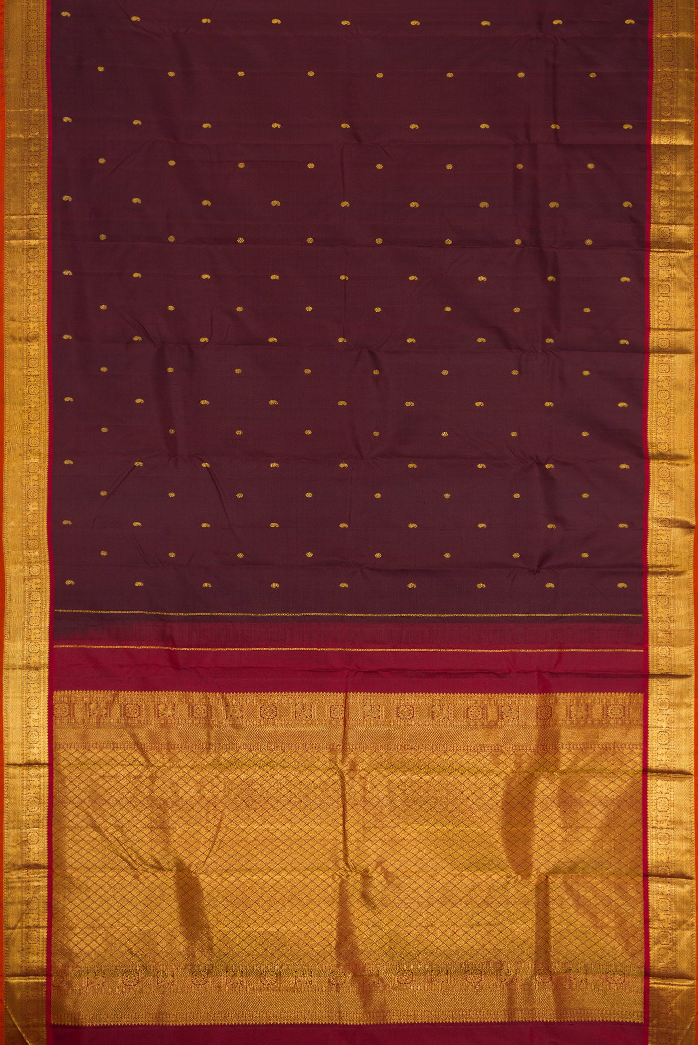 Flat view of Coffee Brown Dual Tone Kanjivaram Silk Saree with Zari Butta on the body and Zari Border. 