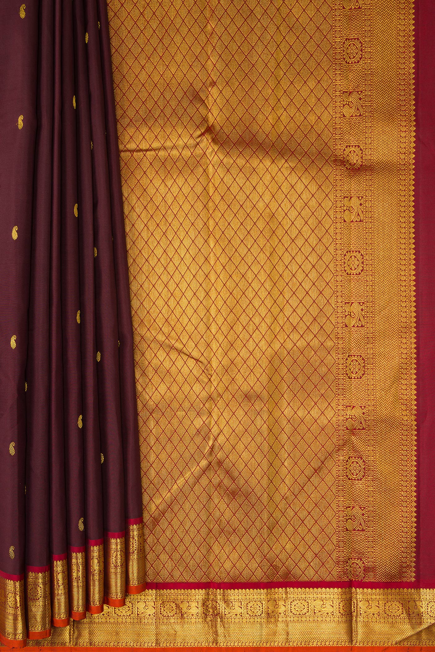 Pleats and pallu of Coffee Brown Dual Tone Kanjivaram Silk Saree with Zari Butta on the body and Zari Border. 