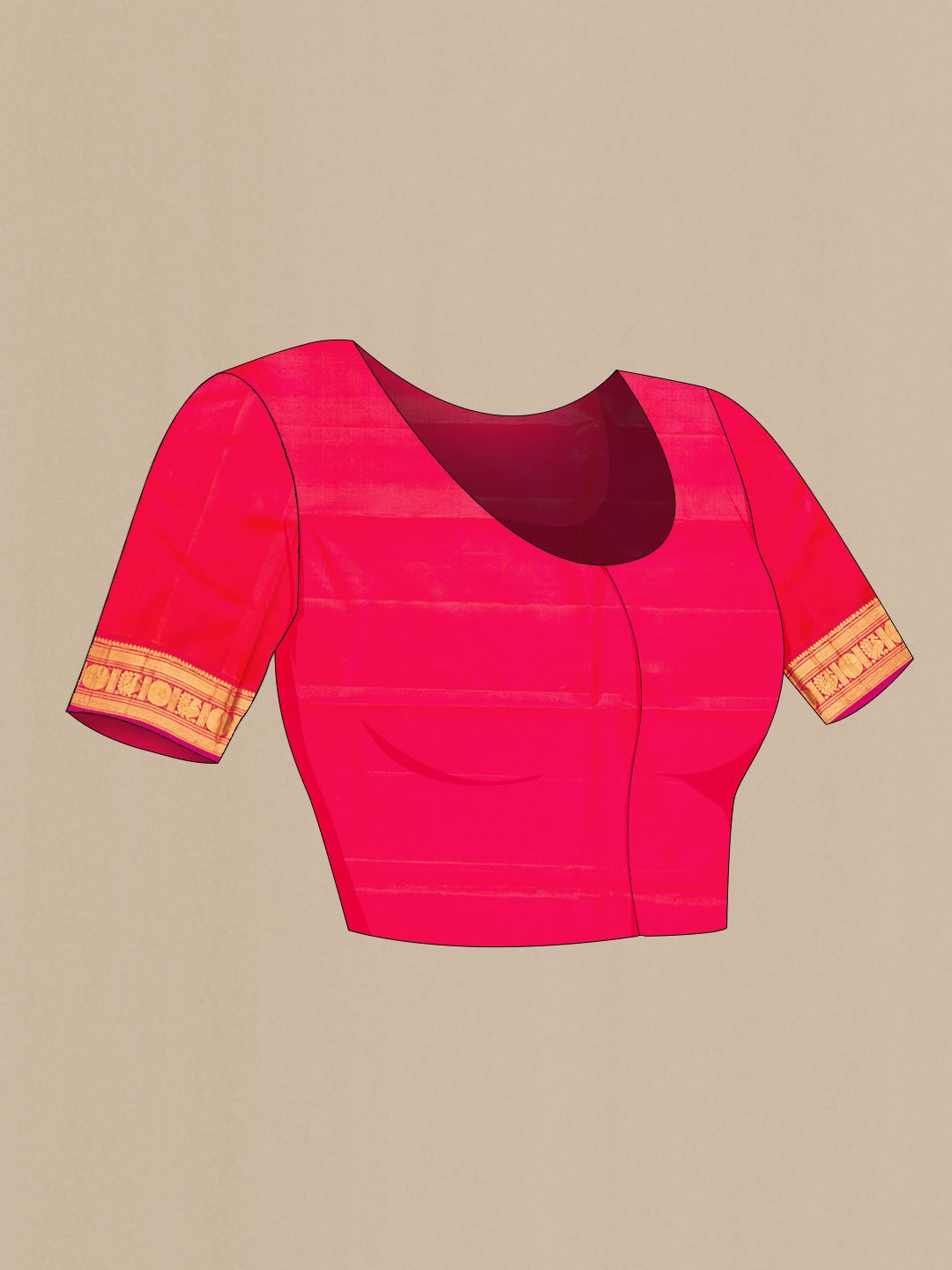 Close up image of the blouse of Dark Pink Dual Tone Kanjivaram Silk Saree with Zari Butta on the body and Zari Border. 