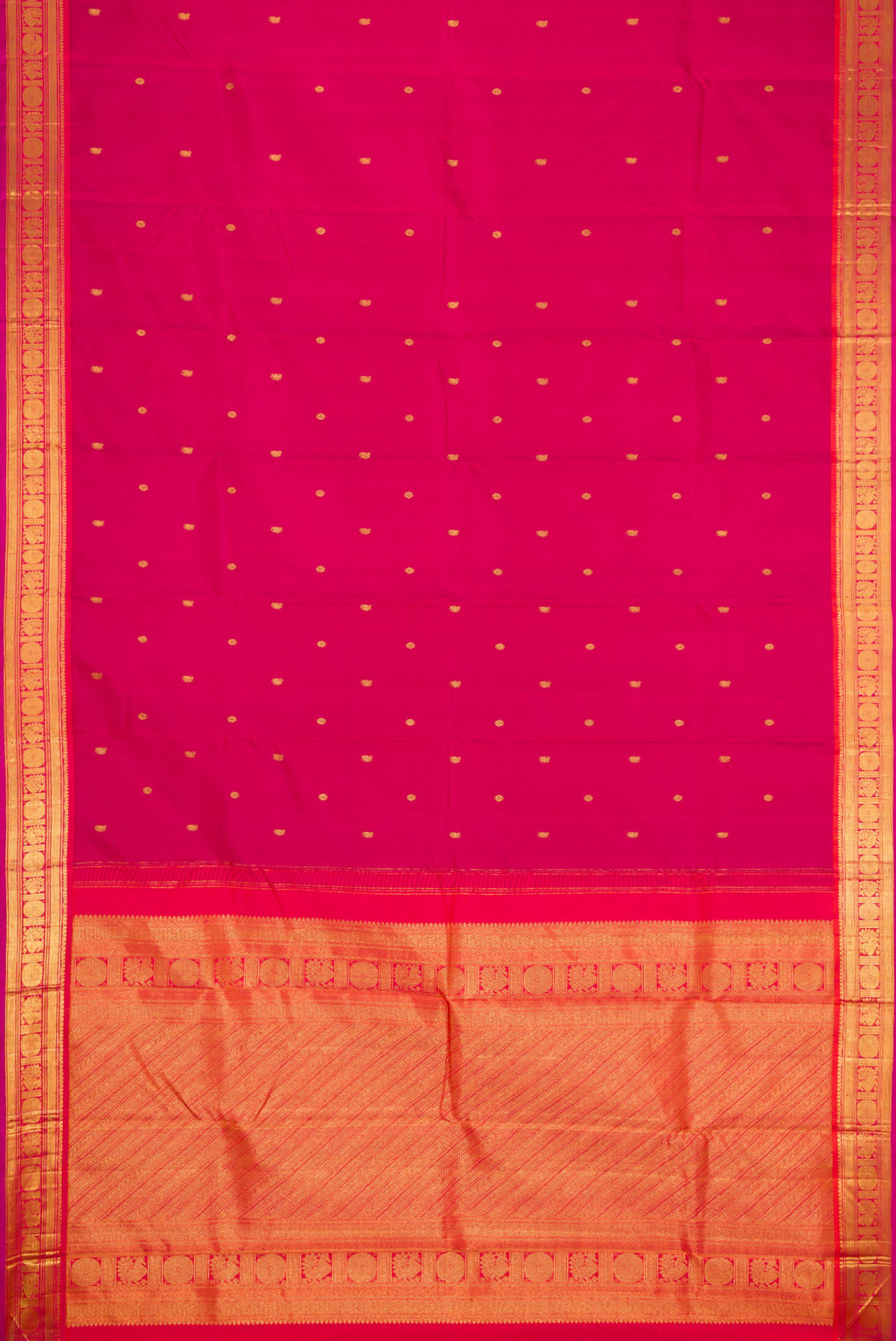 Flat view of Dark Pink Dual Tone Kanjivaram Silk Saree with Zari Butta on the body and Zari Border. 