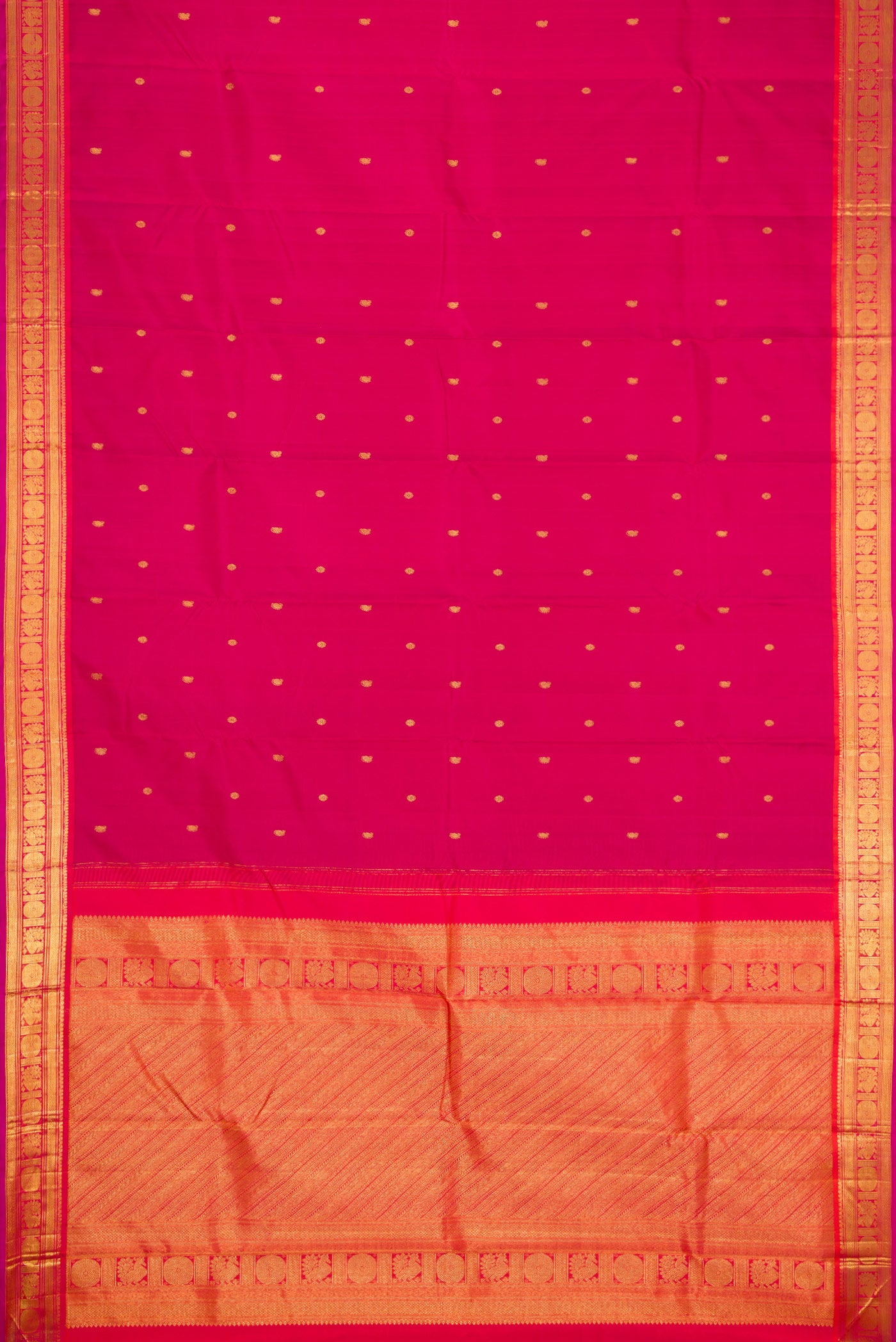 Flat view of Dark Pink Dual Tone Kanjivaram Silk Saree with Zari Butta on the body and Zari Border. 