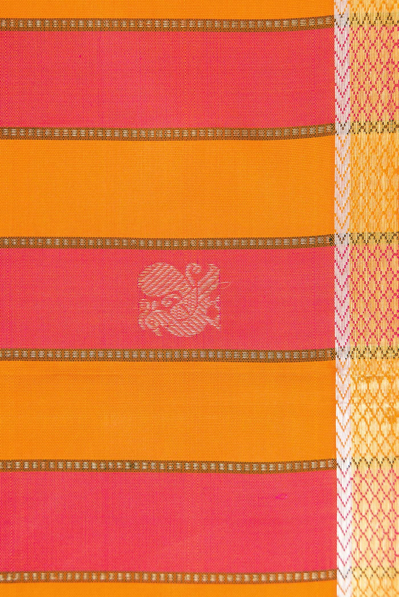 Border image of Orange and Pink Color Kanjivaram Silk Saree with Stripes on the body and Zari Border. 