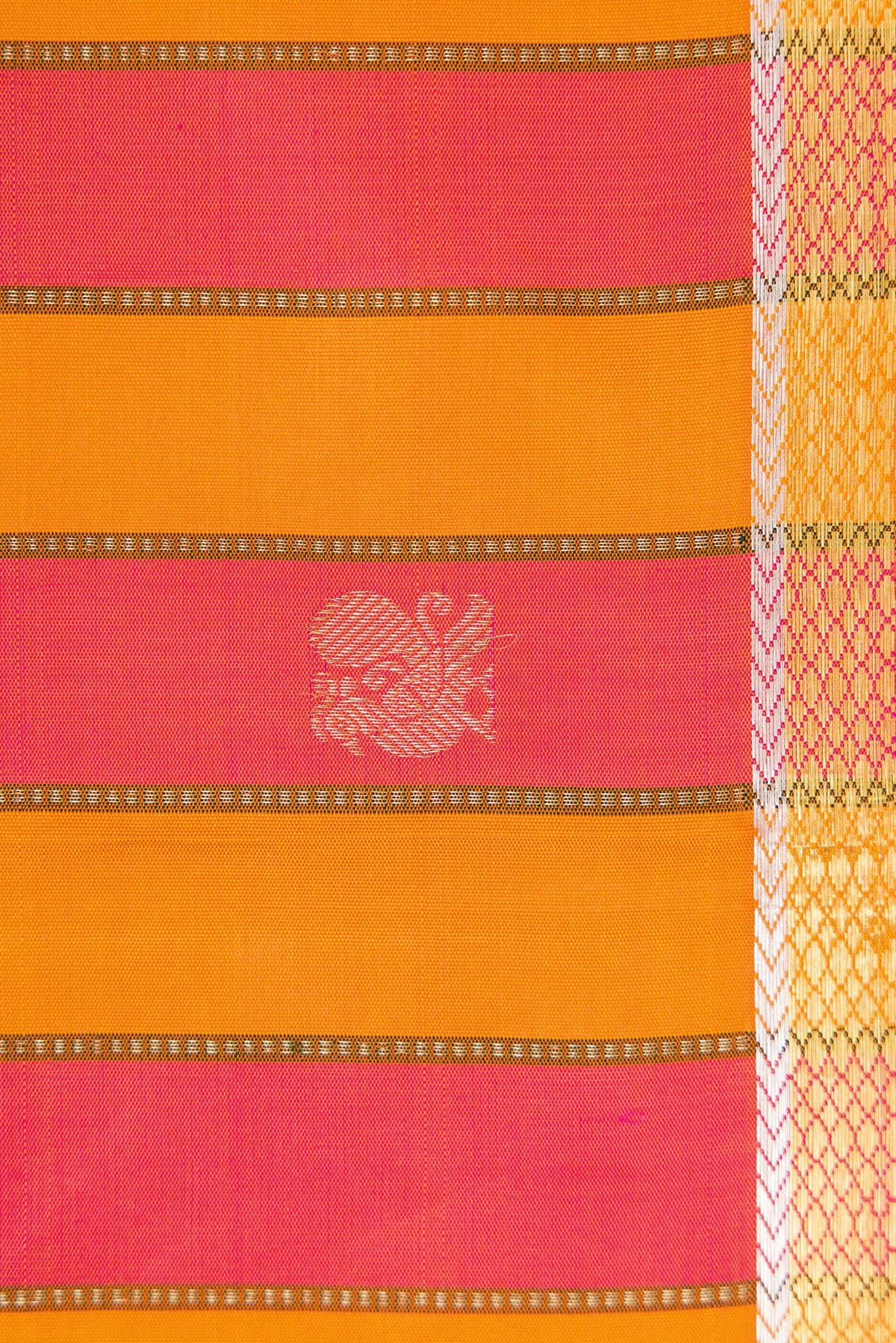 Border image of Orange and Pink Color Kanjivaram Silk Saree with Stripes on the body and Zari Border. 