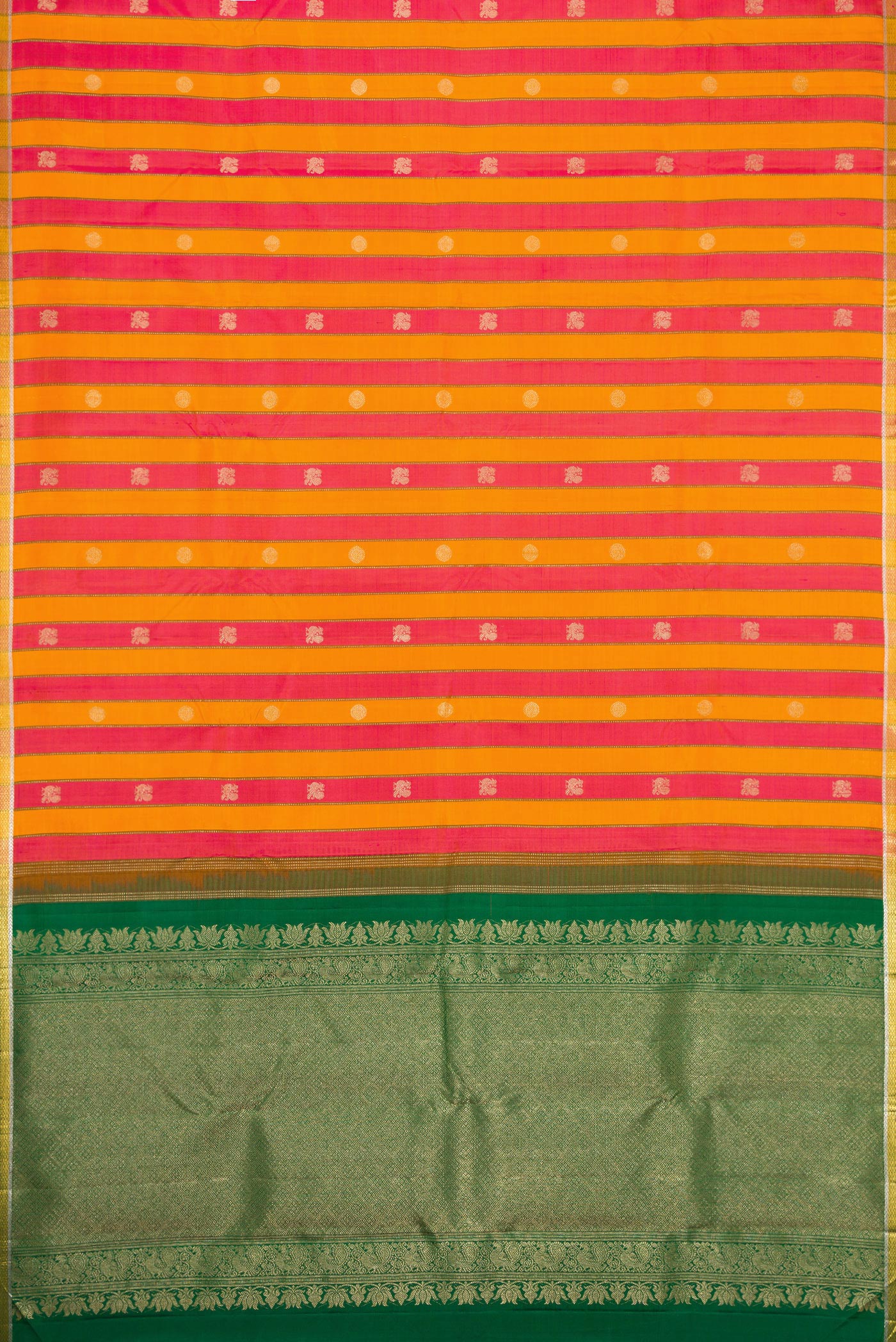 Flat view of Orange and Pink Color Kanjivaram Silk Saree with Stripes on the body and Zari Border. 