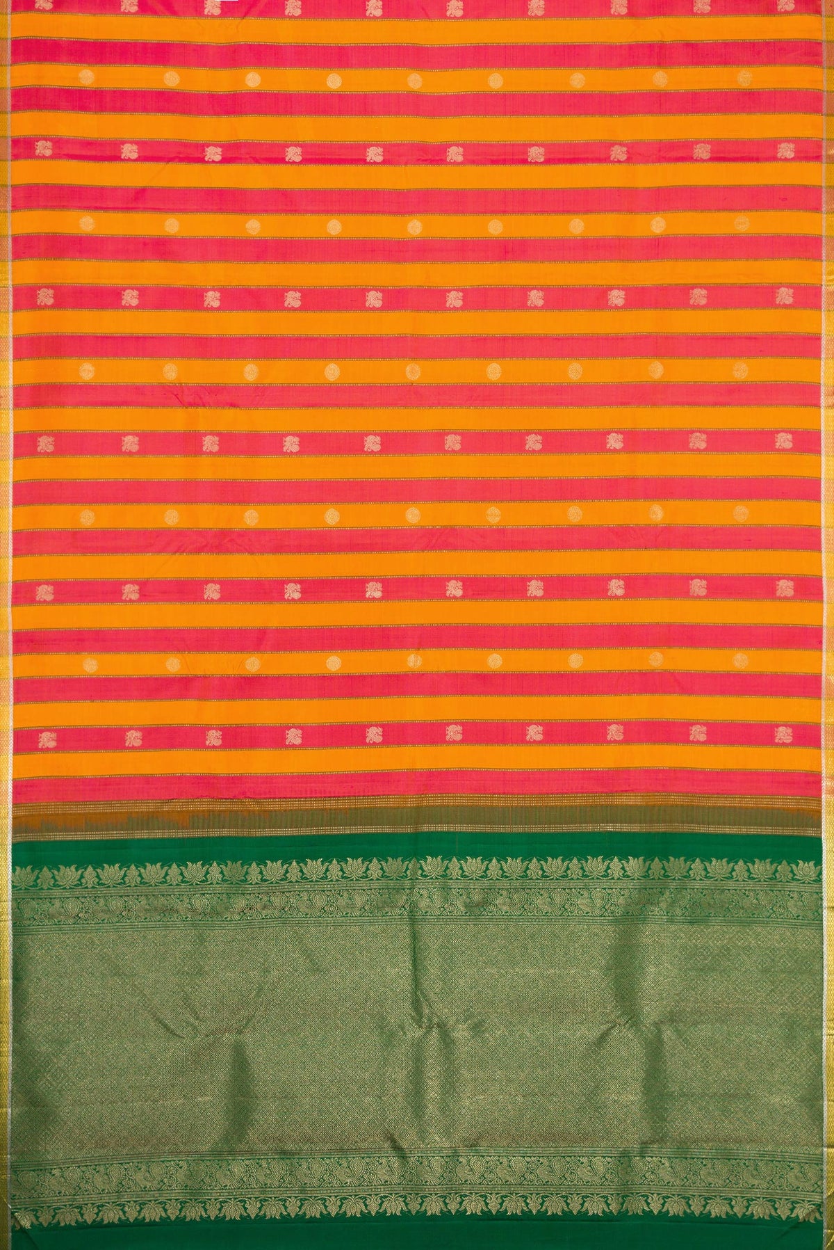 Flat view of Orange and Pink Color Kanjivaram Silk Saree with Stripes on the body and Zari Border. 
