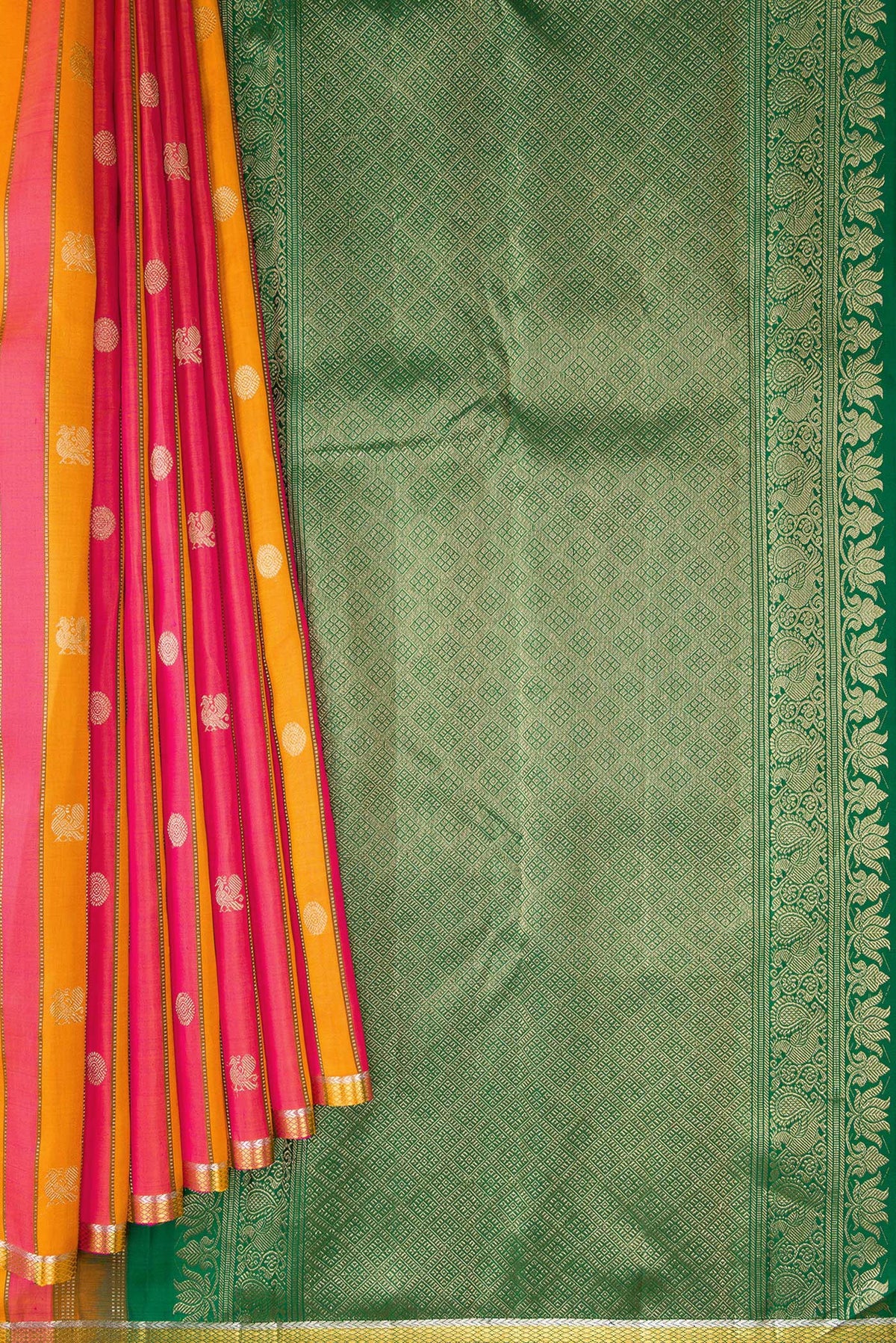 Pleats and pallu of Orange and Pink Color Kanjivaram Silk Saree with Stripes on the body and Zari Border. 