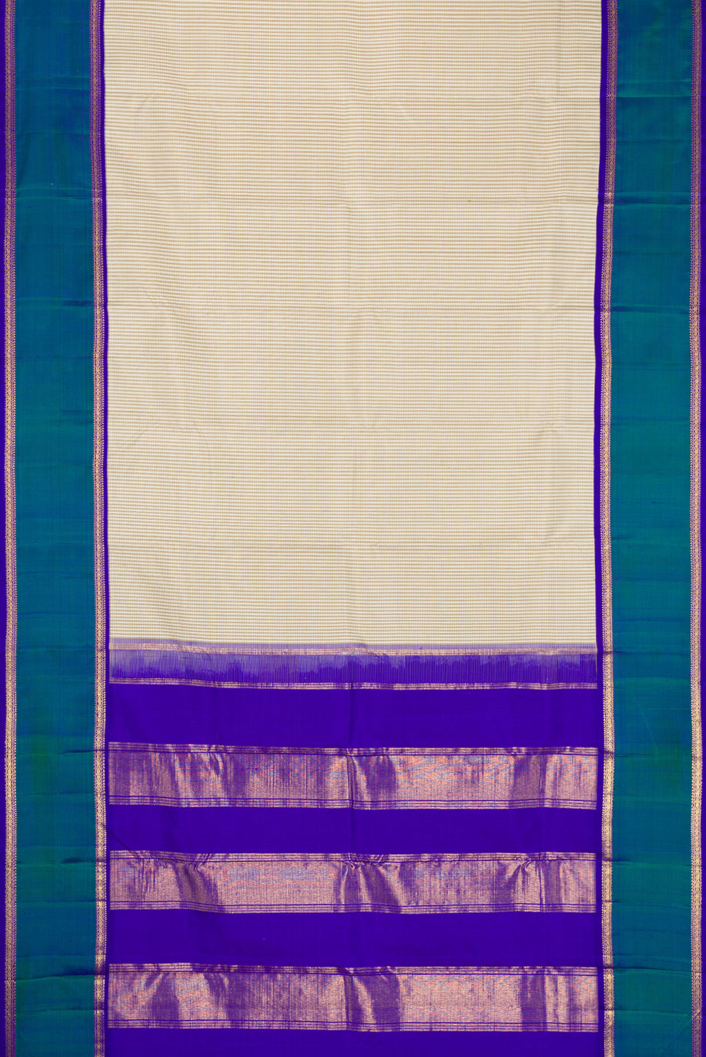 Flat view of Off White Dual Tone Kanjivaram Silk Saree with Checked design on the body and Zari Border. 