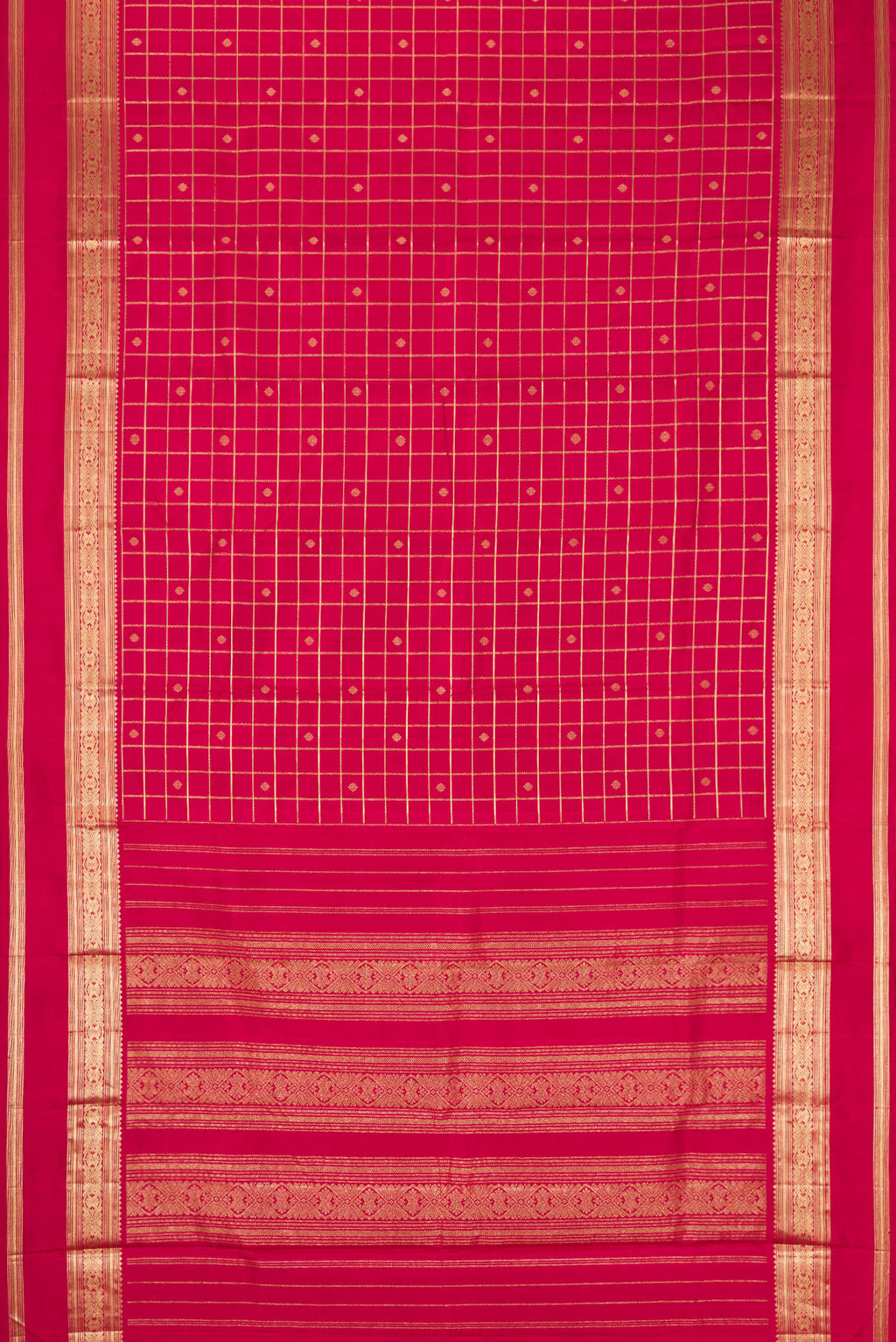 Flat view of Maroon Dual Tone Kanjivaram Silk Saree with Checked design on the body and Zari Border. 