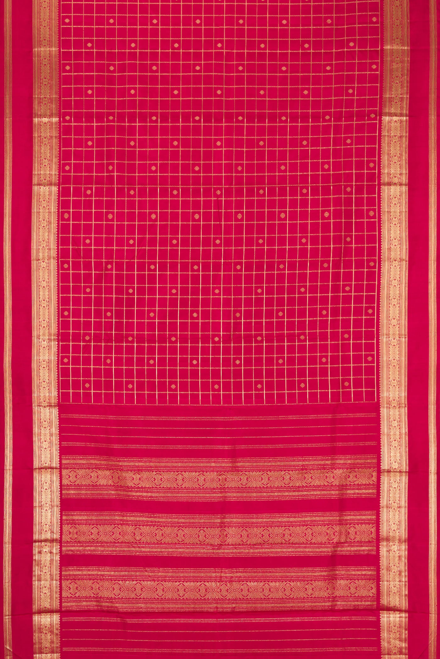 Flat view of Maroon Dual Tone Kanjivaram Silk Saree with Checked design on the body and Zari Border. 