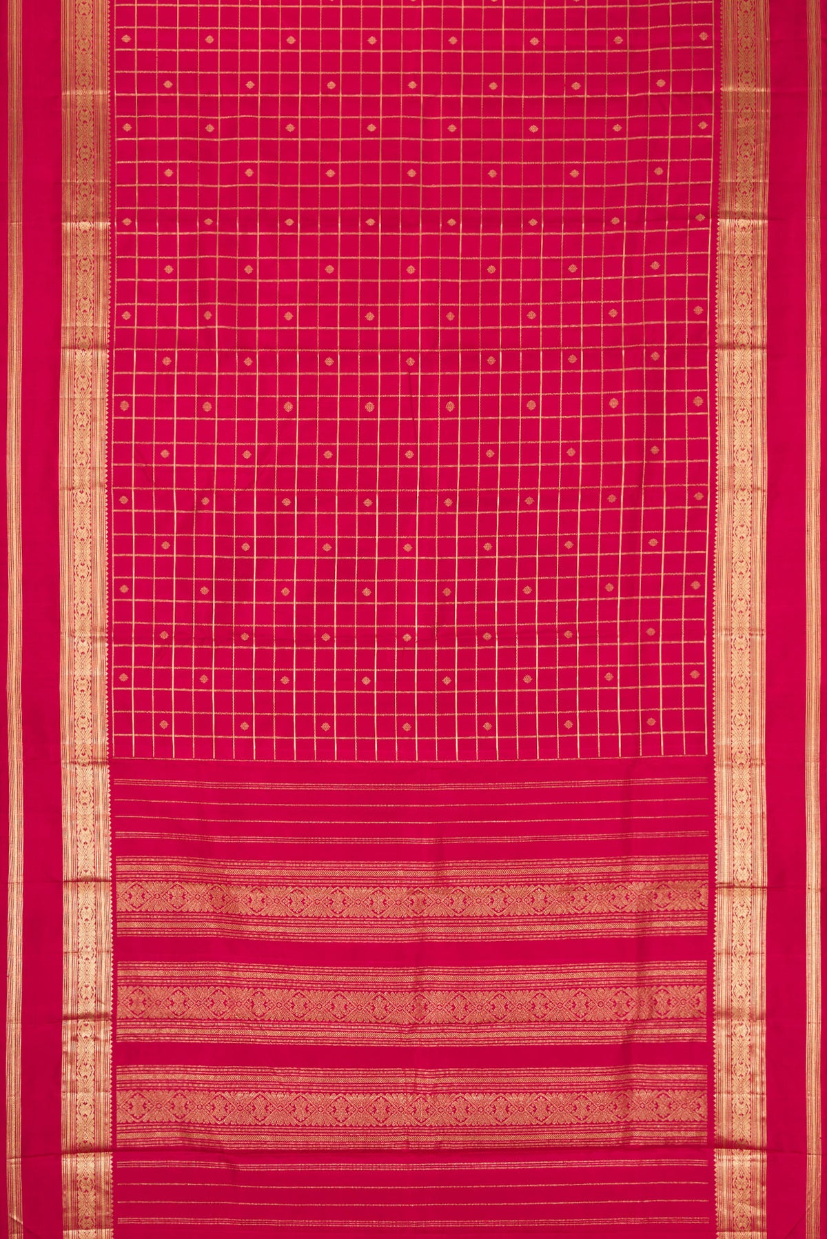 Flat view of Maroon Dual Tone Kanjivaram Silk Saree with Checked design on the body and Zari Border. 