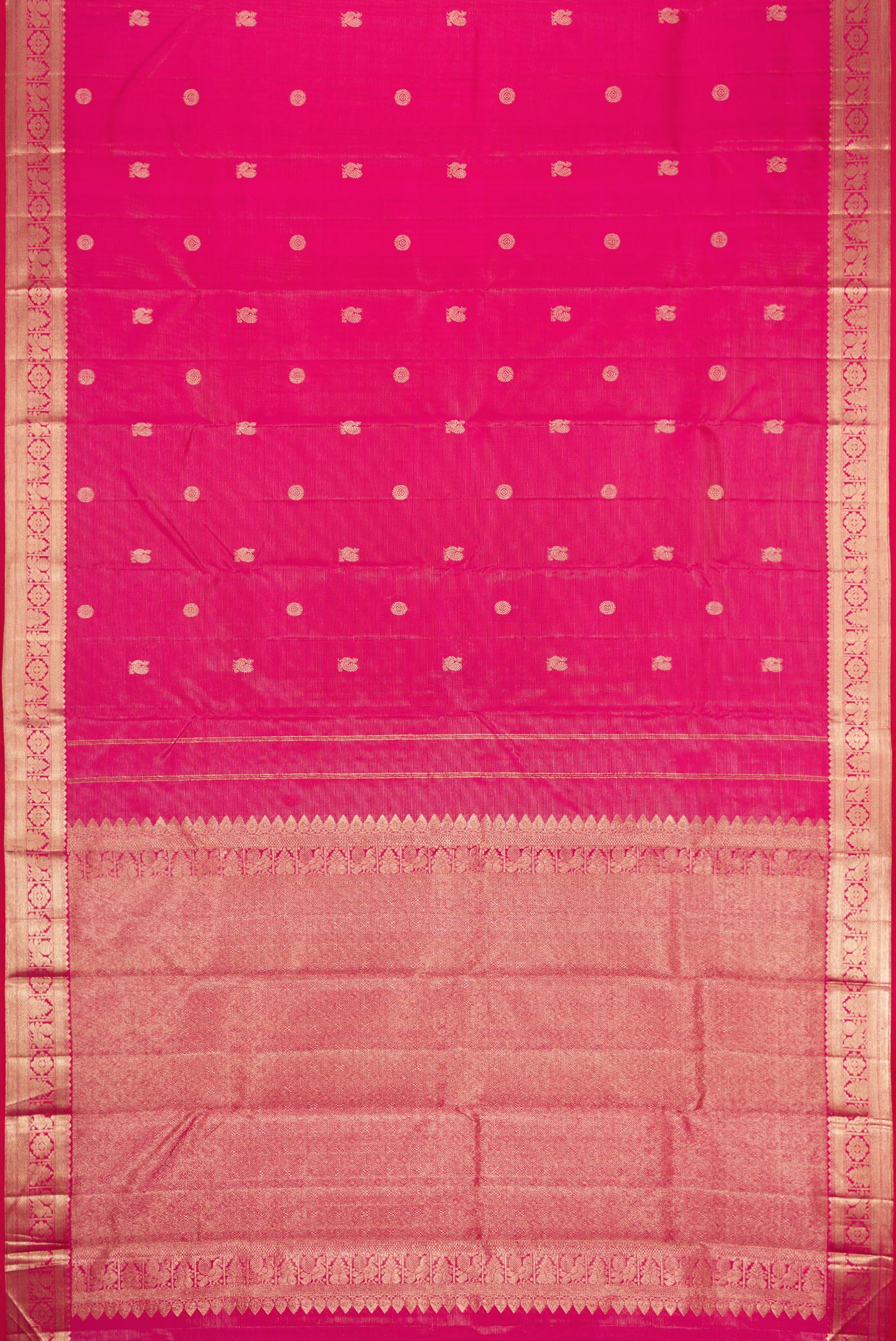 Flat view of Pink Dual Tone Kanjivaram Silk Saree with Zari Butta on the body and Zari Border. 