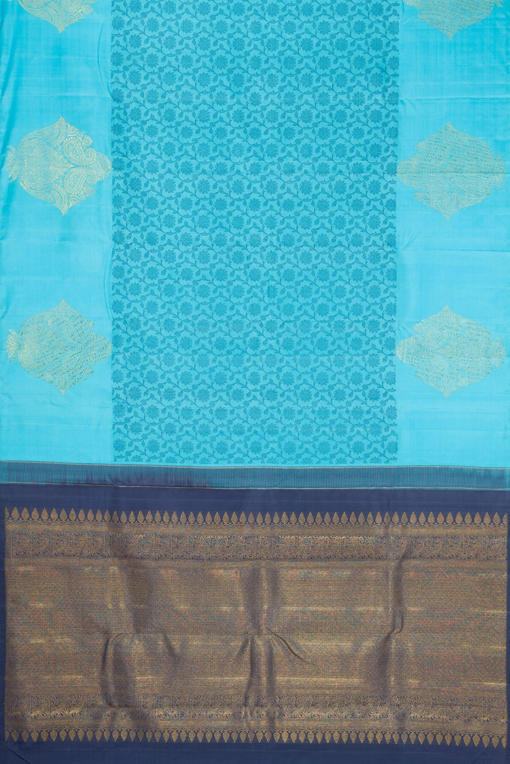 Flat view of Sky Blue Dual Tone Kanjivaram Silk Saree with Zari Butta on the body and Fancy Border. 