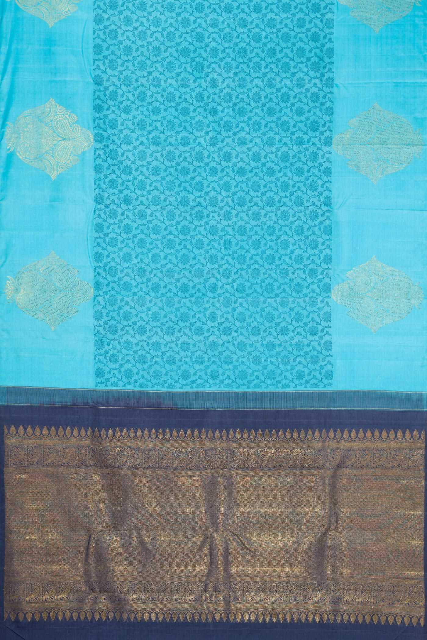 Flat view of Sky Blue Dual Tone Kanjivaram Silk Saree with Zari Butta on the body and Fancy Border. 